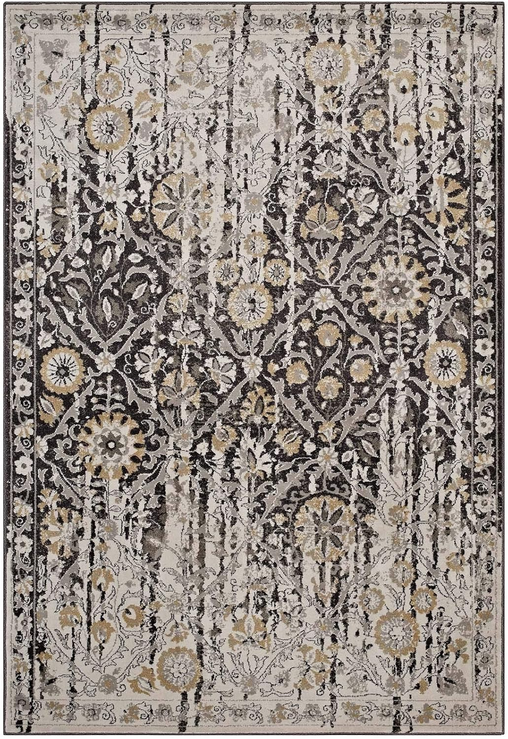 Ganesa Distressed Diamond Floral Lattice 5X8 Area Rug in Black and Beige