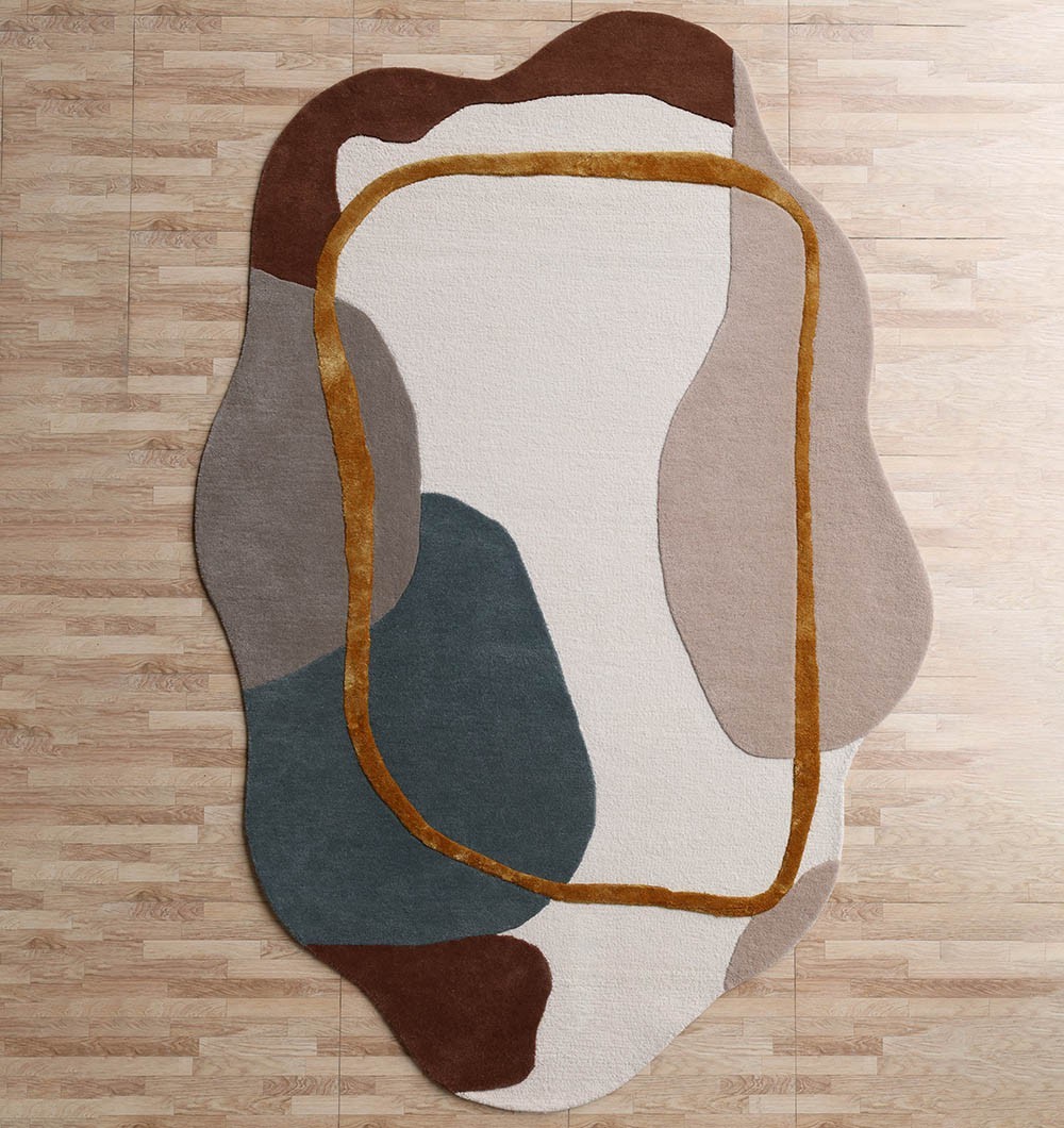 Abstract Hand Tufted Area Rug Modern Ivory Teal Rug For Living Room