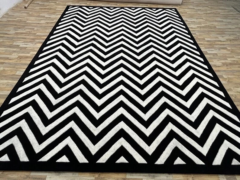 Black White Chevron Area Rug 5×8 ft Hand-Tufted Carpet Modern Zigzag Pattern
