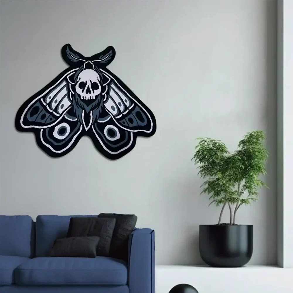 Death Moth Gray Tattoo Rug 100% Handmade Unique Artistic Rug