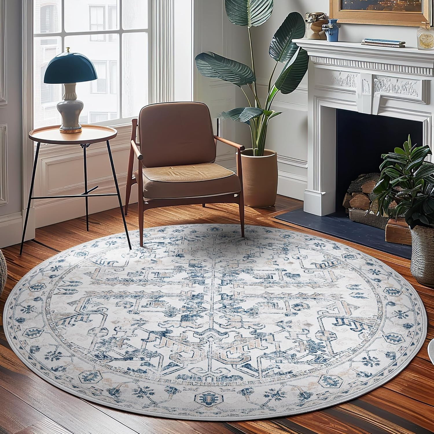 Vintage 7Ft Round Washable Floral Rug for Farmhouse Living Room & Kitchen