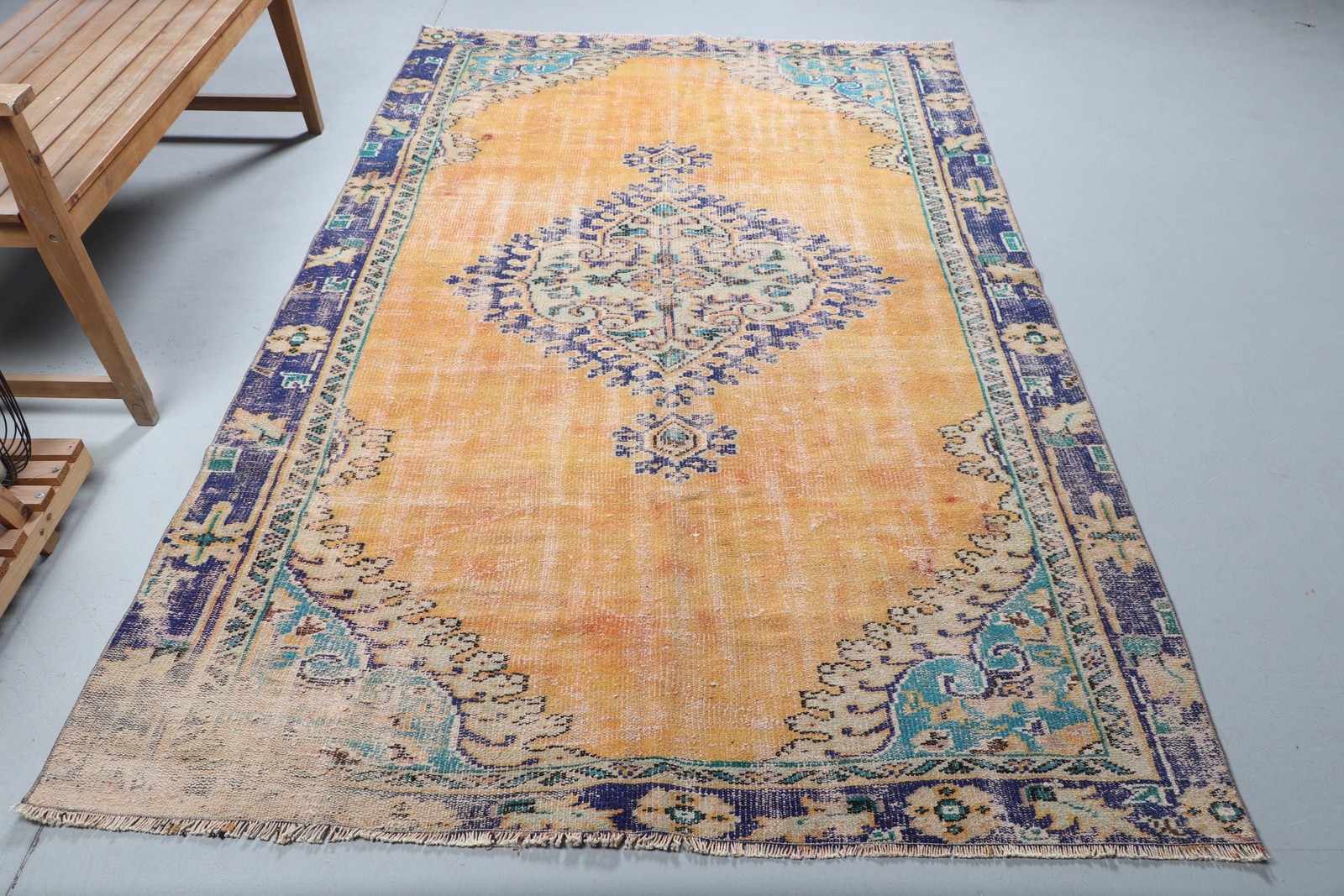 5,4×8,7 ft Vintage Large Rug, Yellow Blue Turkish Patchwork Wool Rug