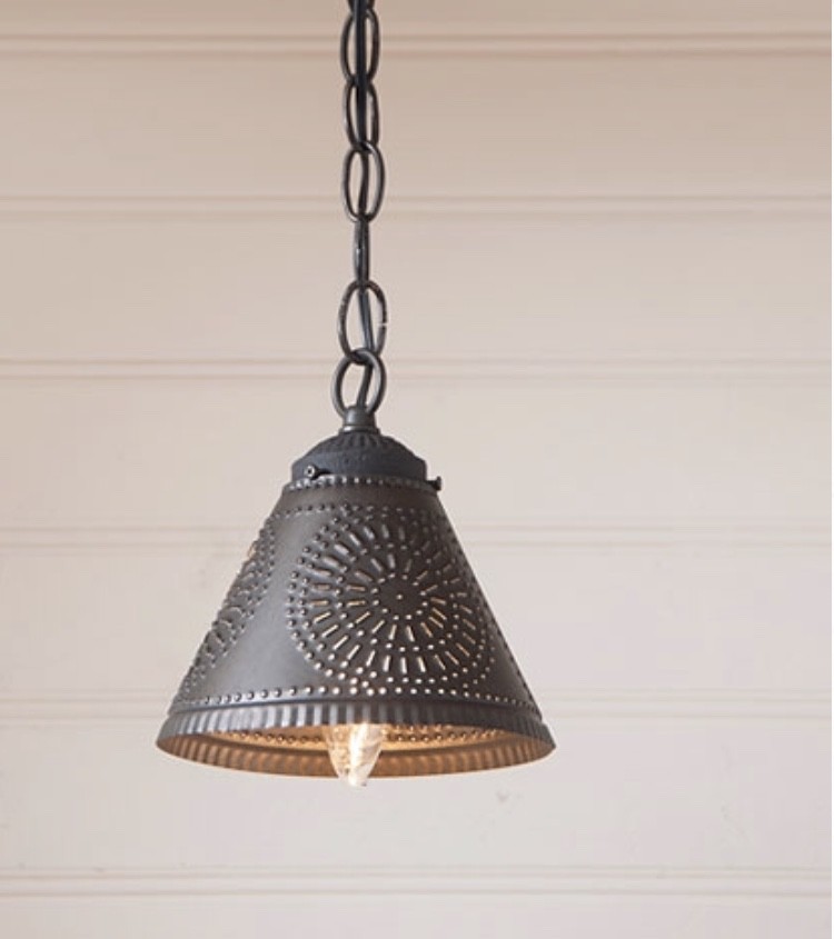 Crestwood Shade Hanging Pendant Light. Punched Tin Pendant Light in Kettle Black