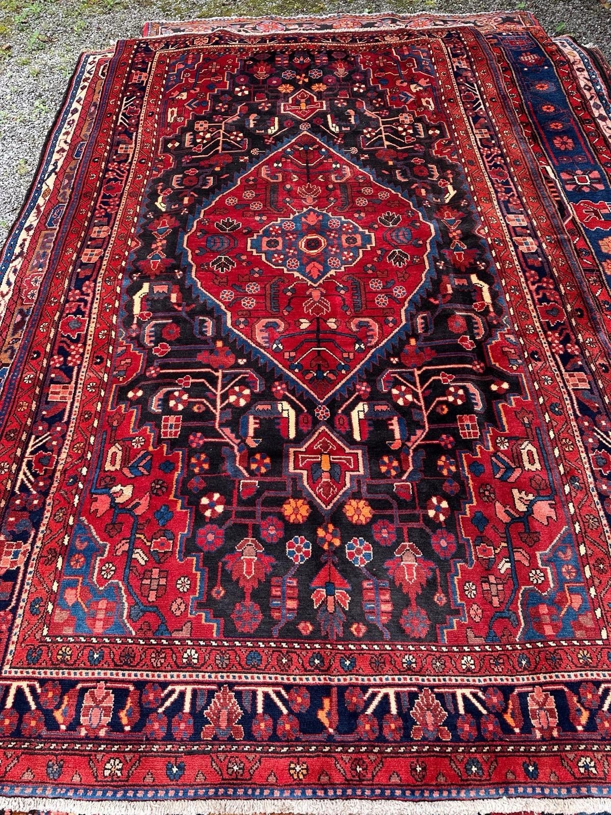Vintage Hamadan Style Oriental Rug 5×9 | Black Field Geometric Diamond Medallion