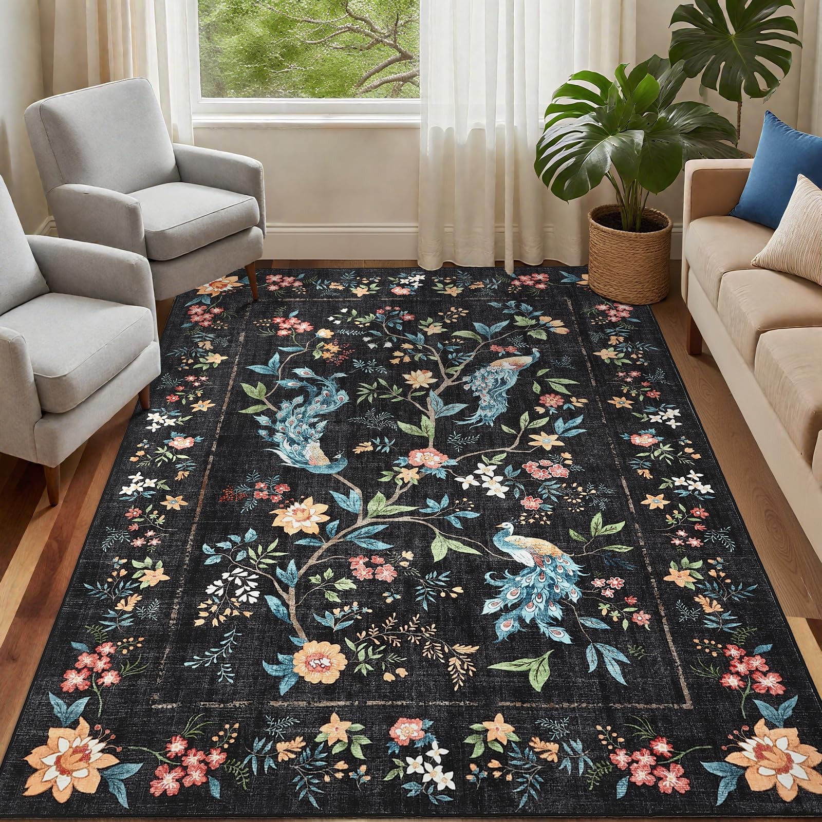 arveeHome 4×6 Black Washable Area Rug Living 4′ x 6′ (Rectangular),
