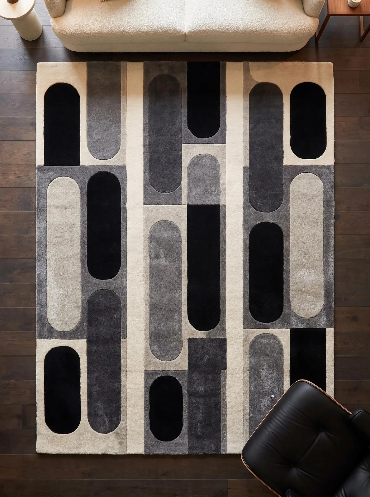 Modern Geometric Wool Rug, Black Gray Cream Area Rug, Abstract Arch Pattern Rug,