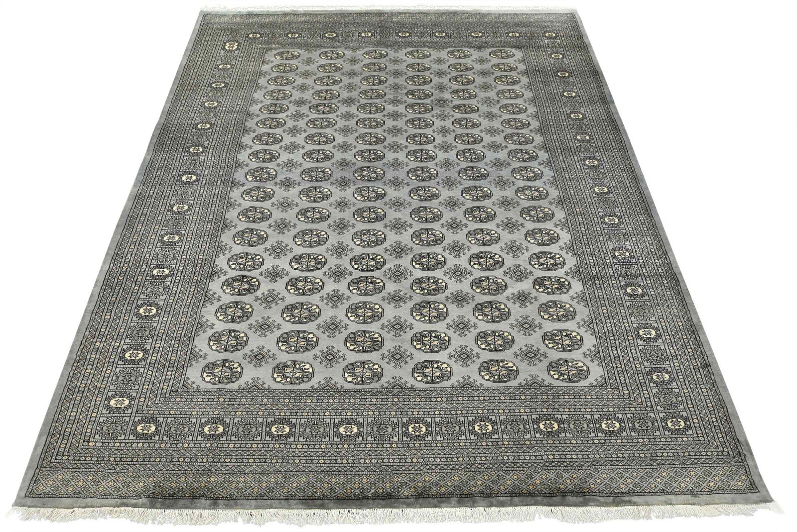 Bokhara Rug 8’2” x 9’10” Gray Wool Tribal Hand-Knotted Oriental Carpet