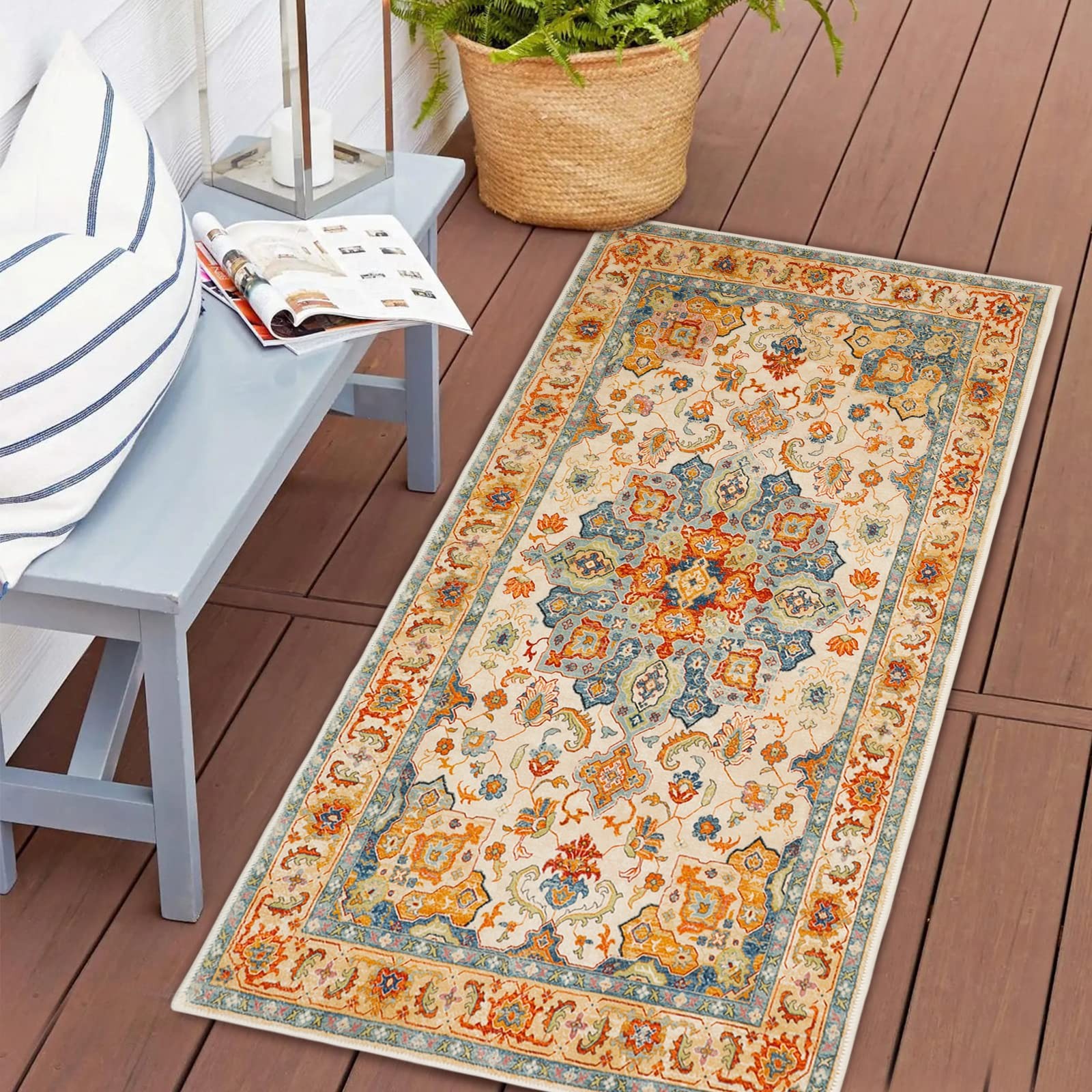Boho Distressed Area Rug 2′ x 4′, Machine Washable Faux Wool Non-Slip Small R…