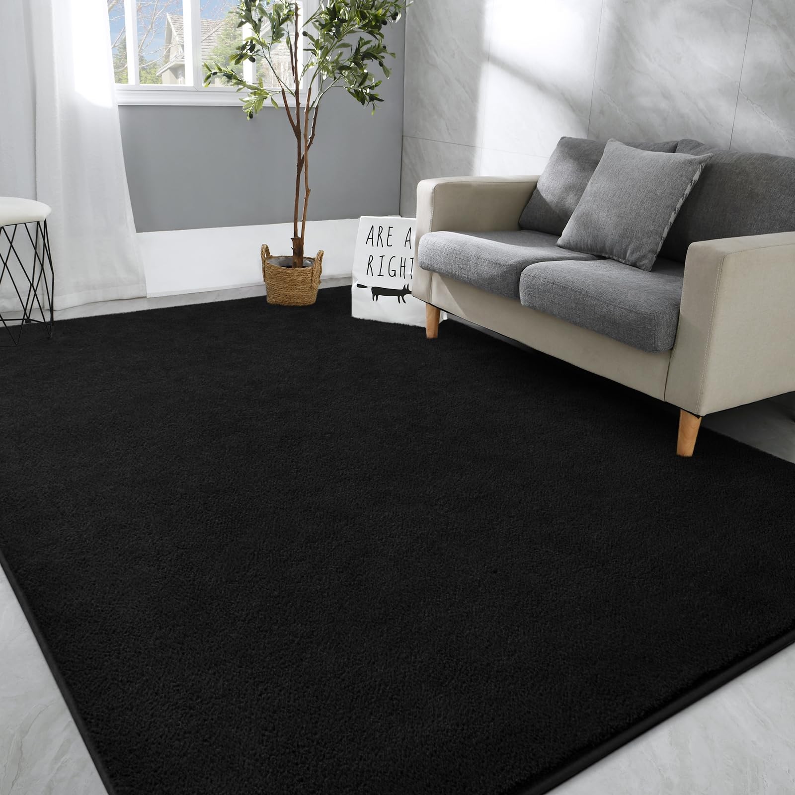 4×6 Black Memory-Foam Washable Area Rug for Bedroom Living Room | Solid
