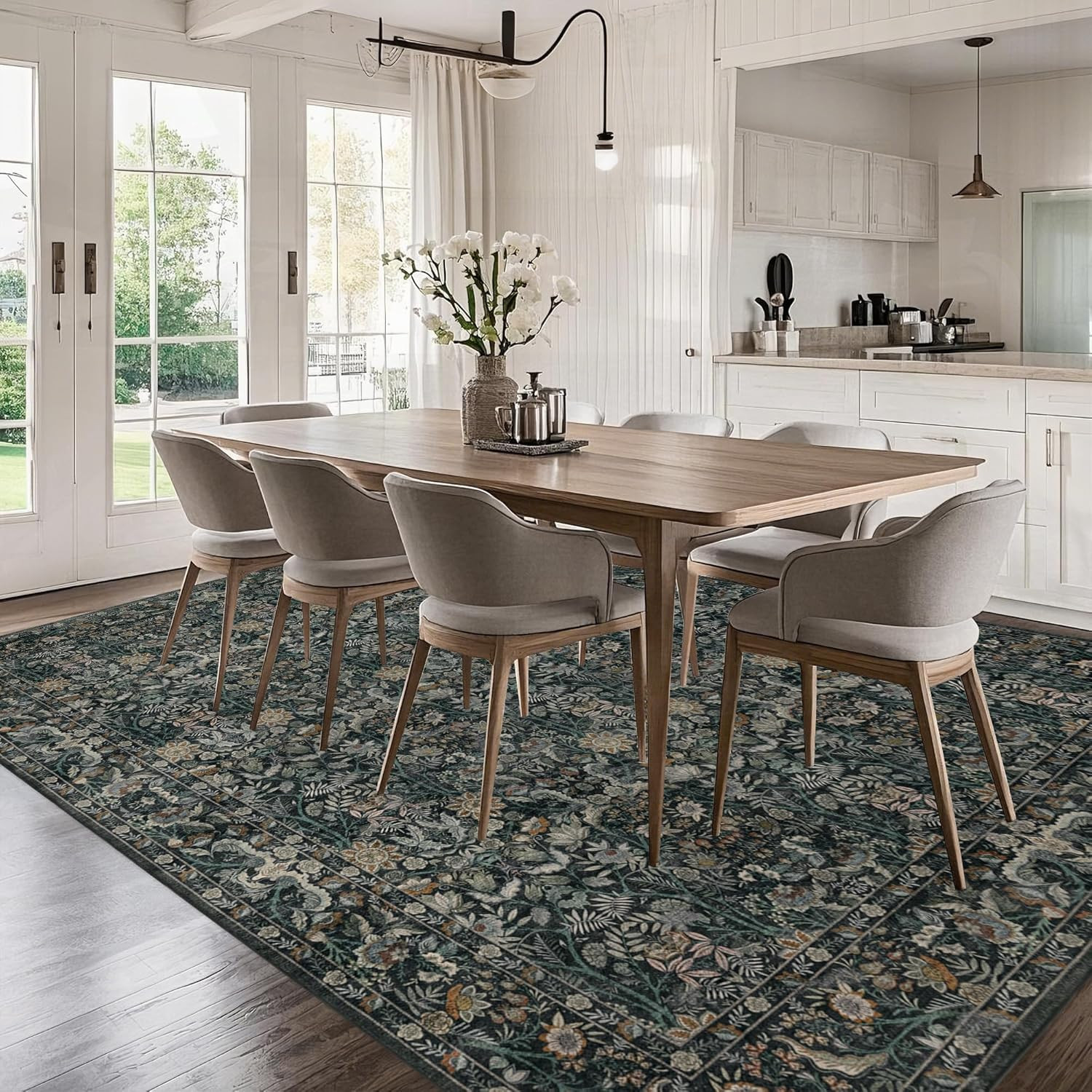 Boho Floral Washable Rug 8×10 – Soft Non-Slip Dark Green Area Carpet