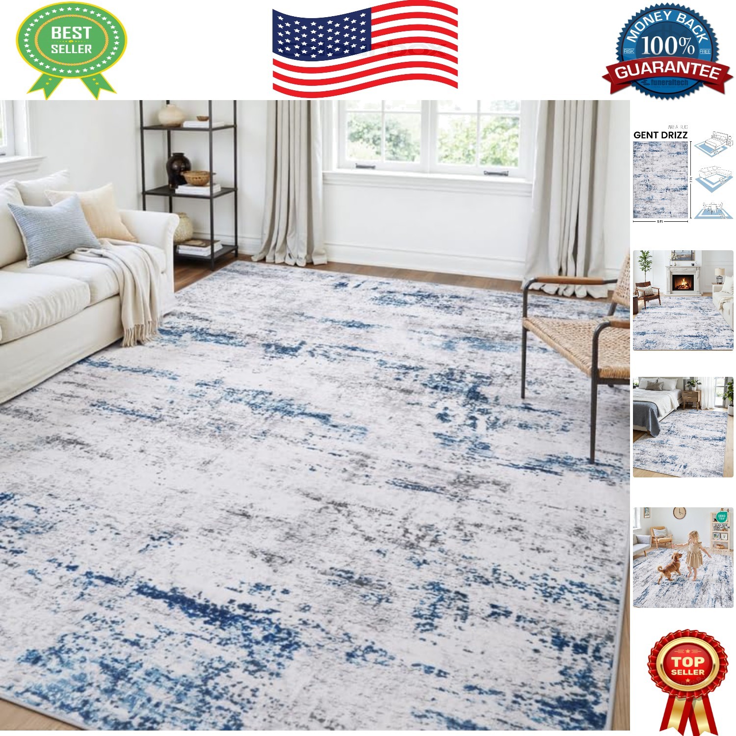 Large 5×7 Abstract Area Rug in White, Gray, and Blue – Stain Resistant Design