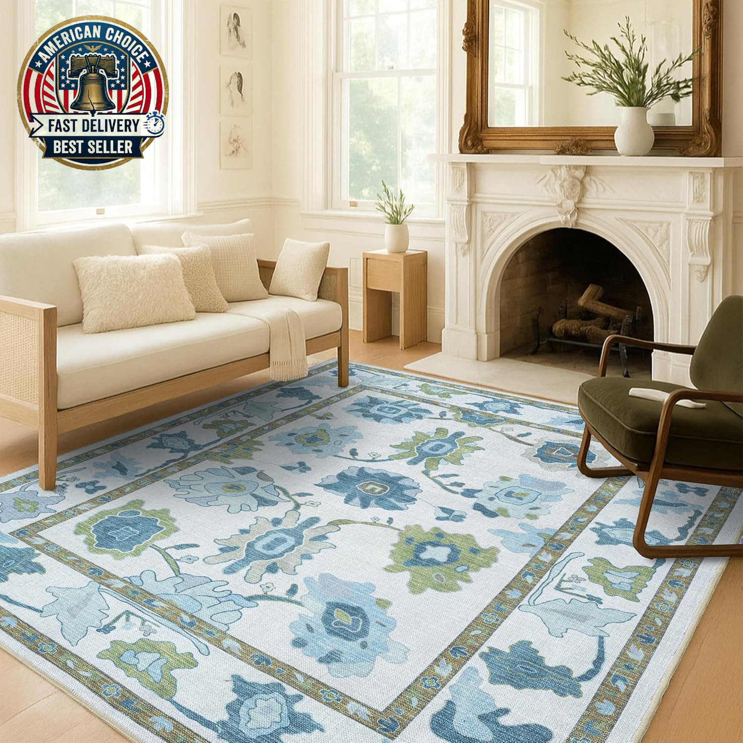 Green Oushak Rug, Modern, Vintage, Turkish, Eclectic, Floral, Pastel, Washable,
