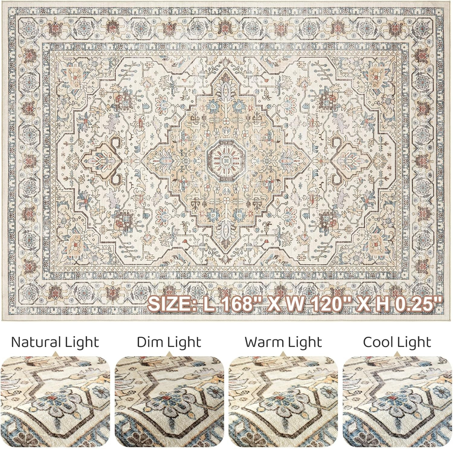 10×14 Washable Area Rug Boho Vintage Non Slip Soft Farmhouse Carpet Cream Blue
