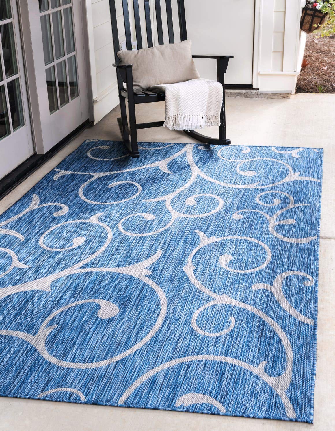 Outdoor Botanical Collection Area Rug – Curl (6′ 1″ x 9′ Rectangle, Blue/ Ivory)