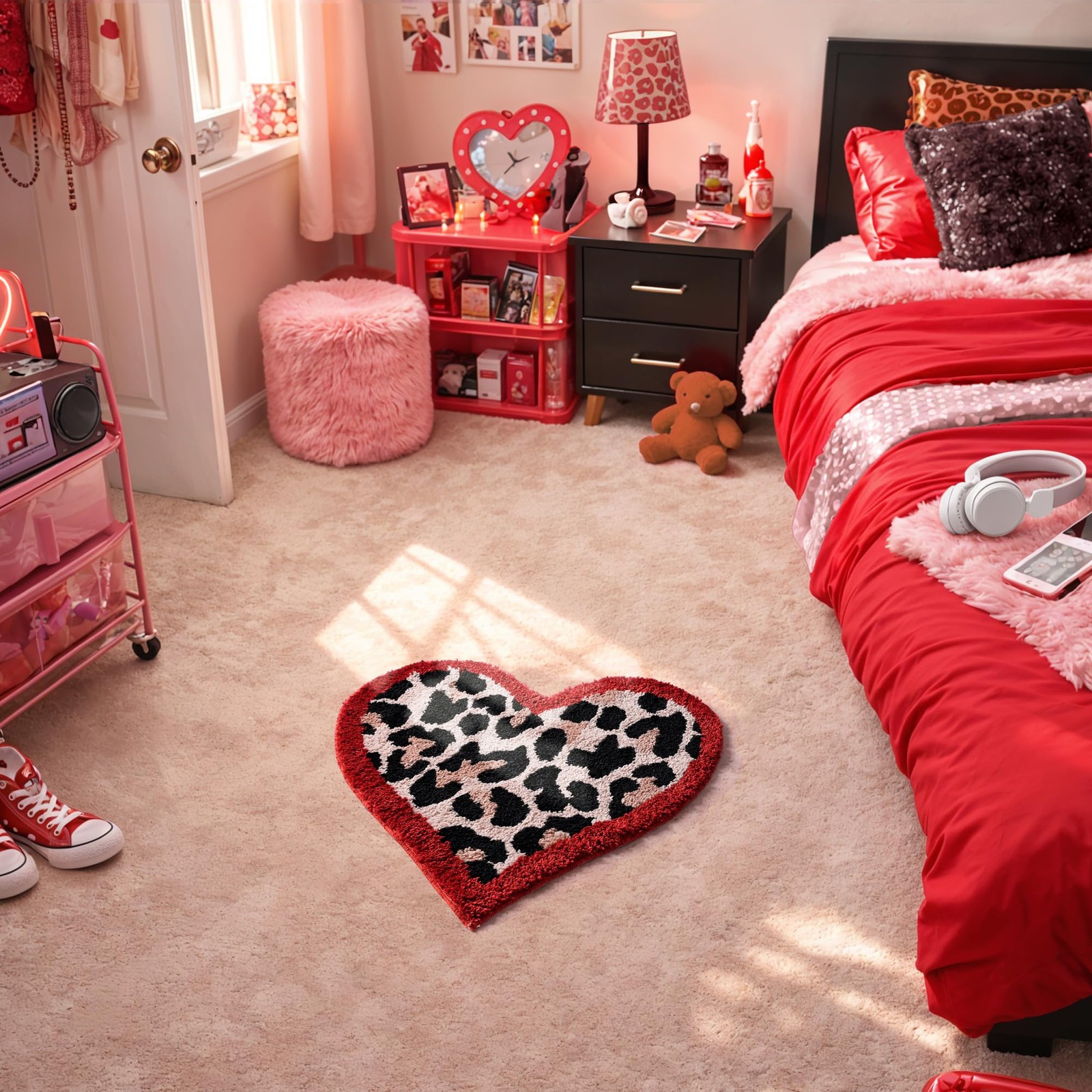 Fttoyoly Red Leopard Print Heart Shaped Rug, 24 Inch Soft Plush Leopard Print…