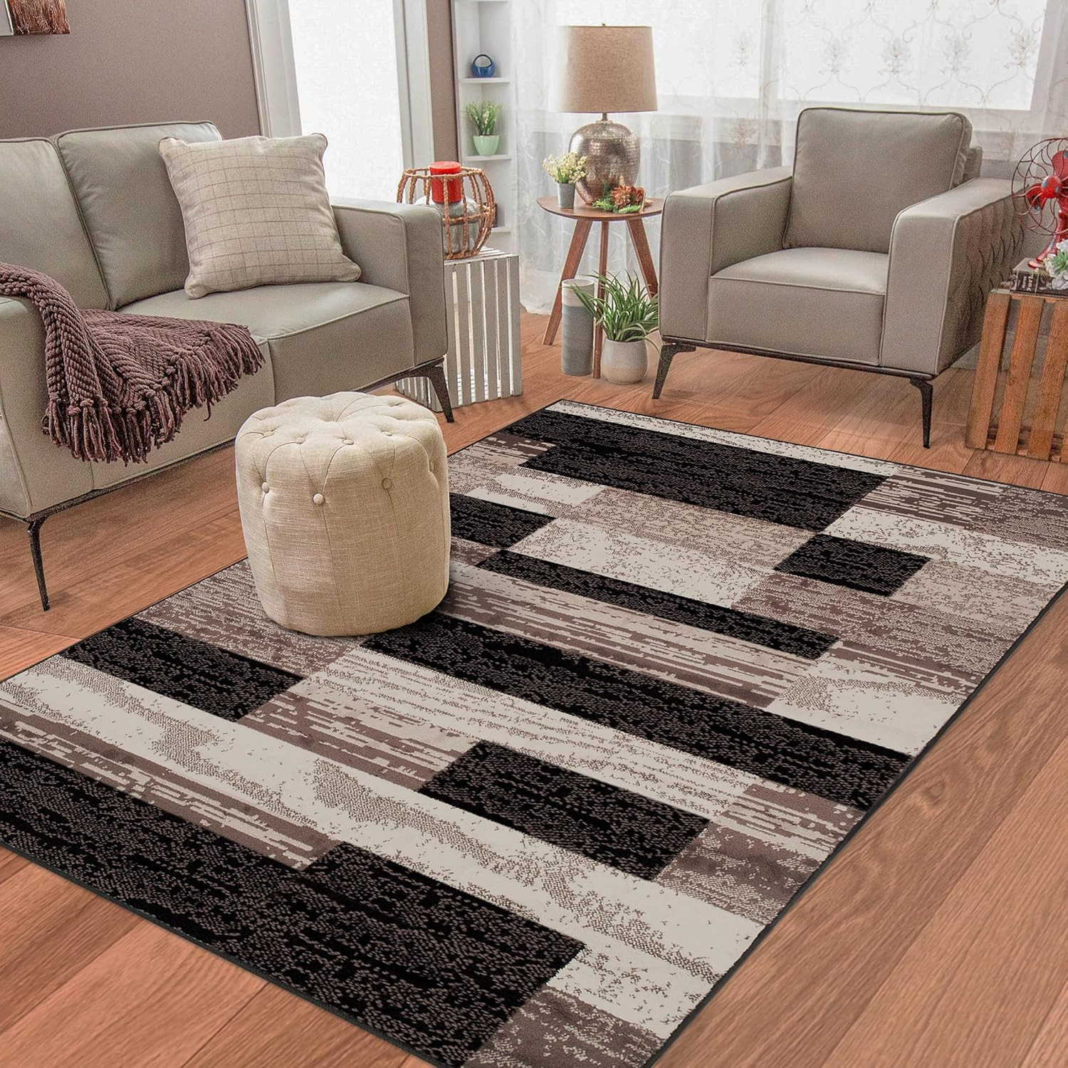 Rockwood Modern Geometric Indoor Area Rug, 3’X5′, a Chocolate | Easy Care Jute B