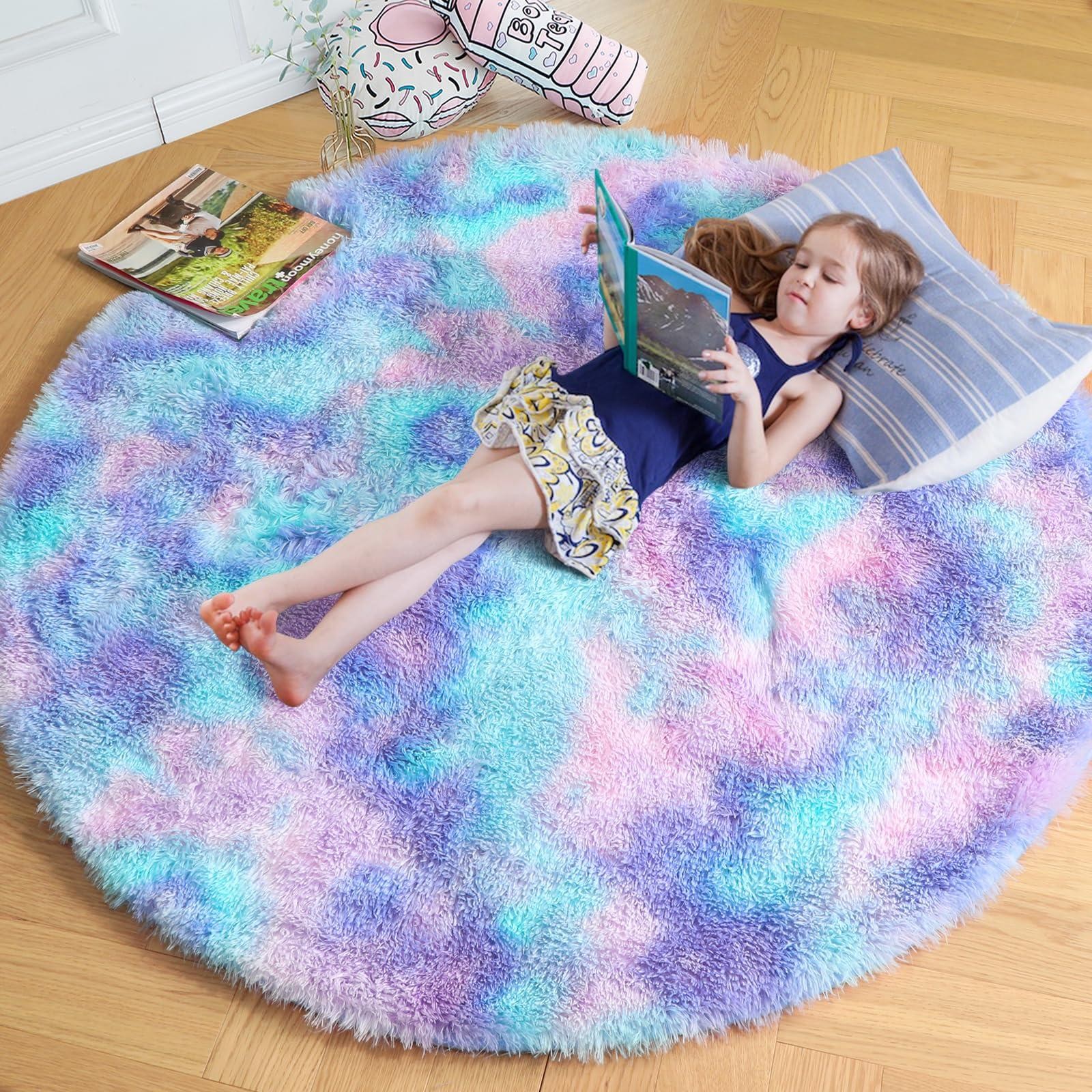 New Rainbow Fluffy Round Rug for Girls Bedroom Home Decor Colorful Pastel Sha