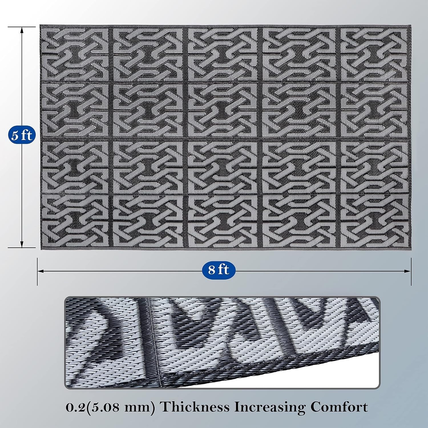 Elegant 5′ x 8′ Reversible Black & Grey Outdoor Rug – Perfect for Patio & Beach