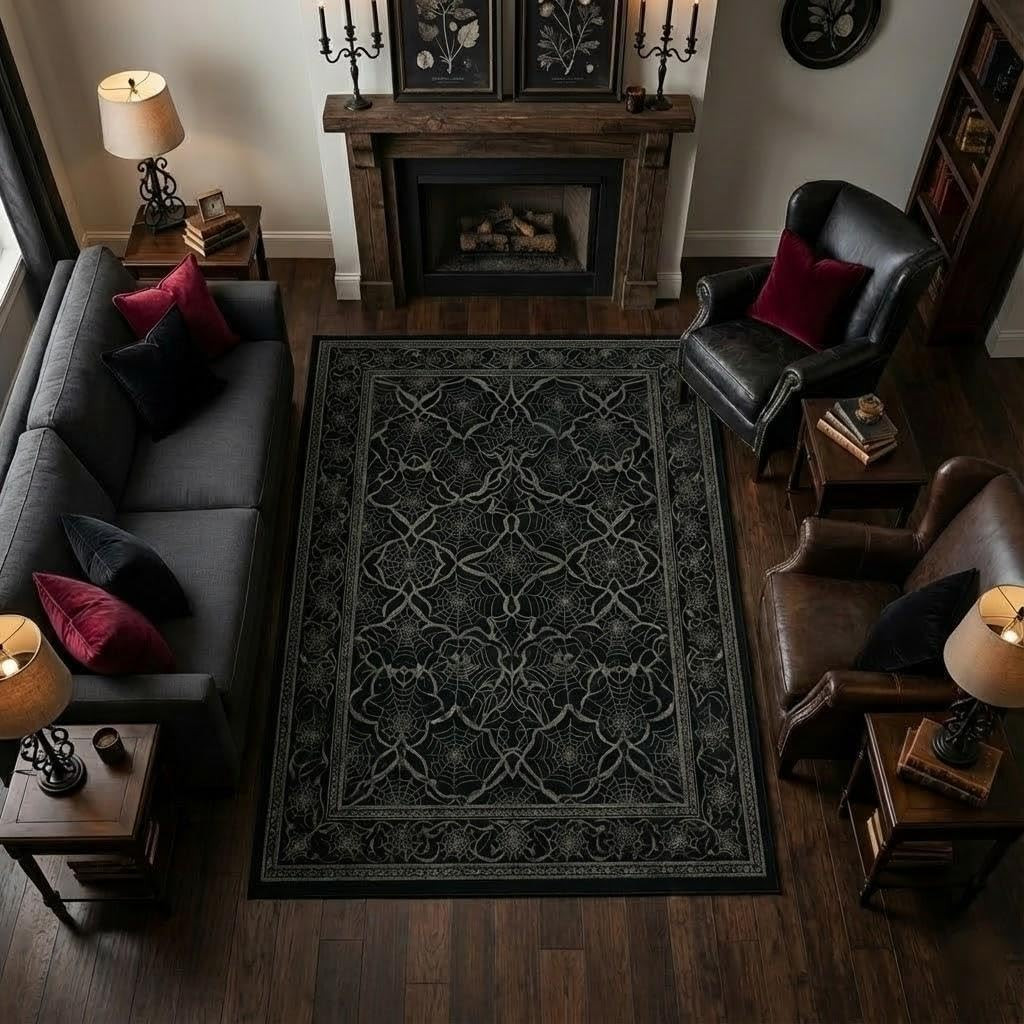 Gothic Black Spider Web 5×7 Area Rug – Machine Washable, Non-Slip, Lightweight