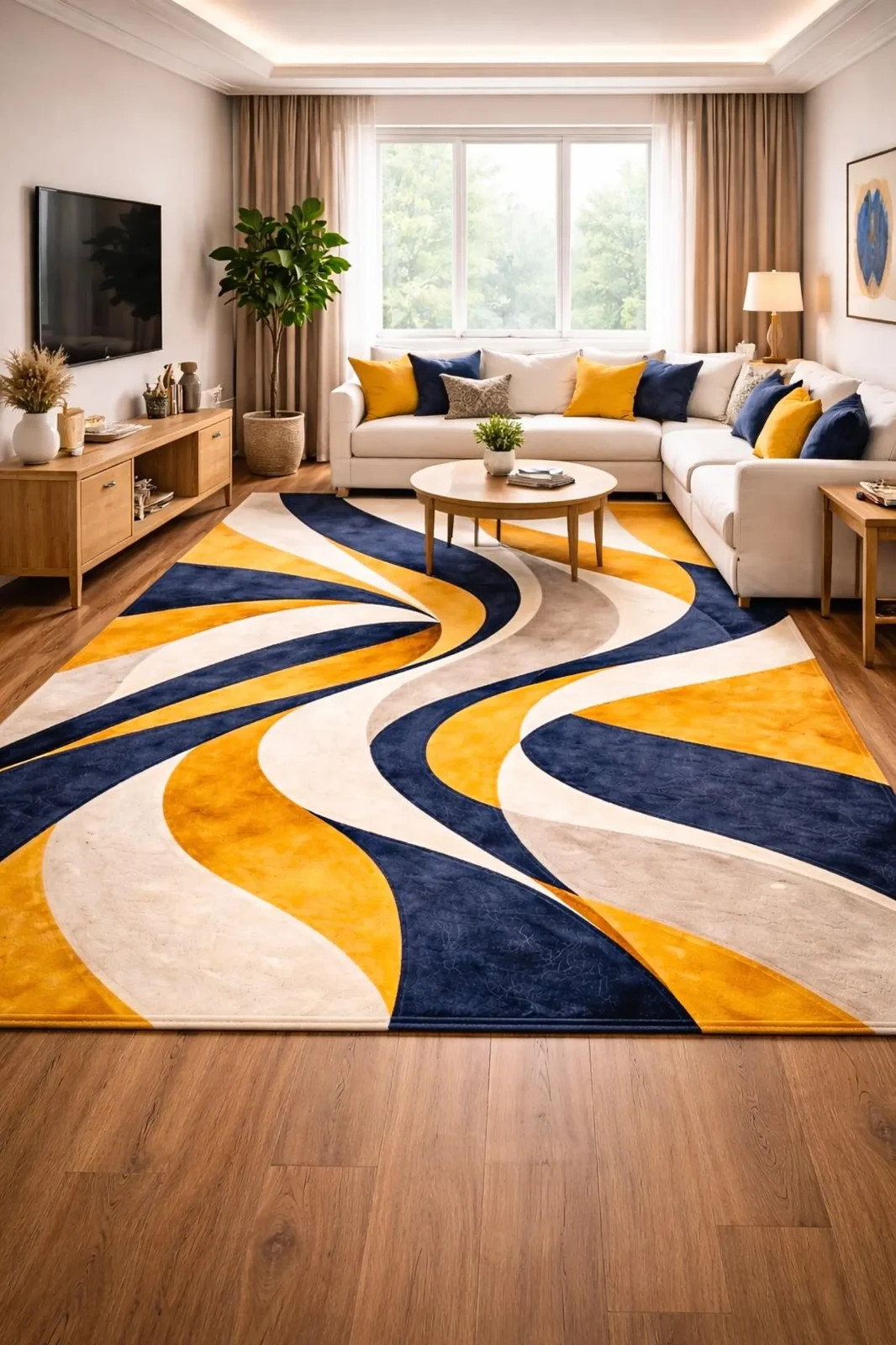 Abstract Blue and Mustard Rug, Modern Entryway Carpet, Contemporary Area Rug,