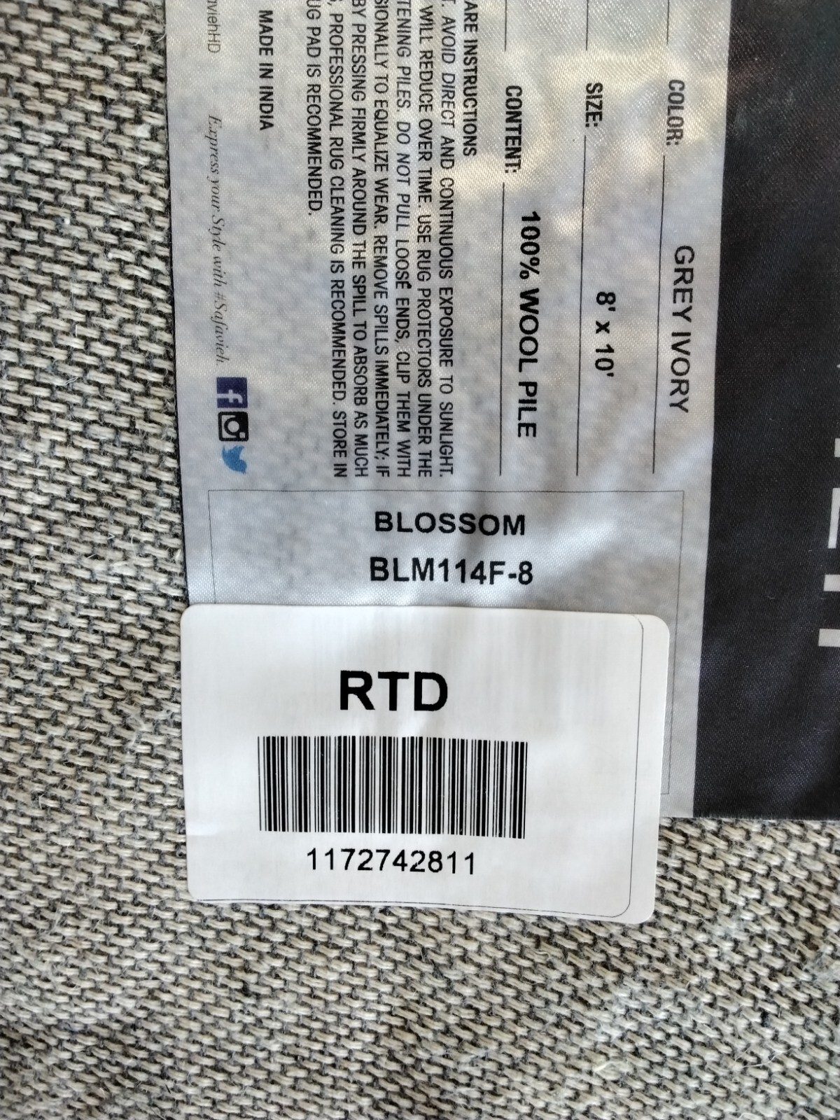 GREY / IVORY 8′ X 10′ Back Stain Rug, Reduced Price 1172742811 BLM114F-8