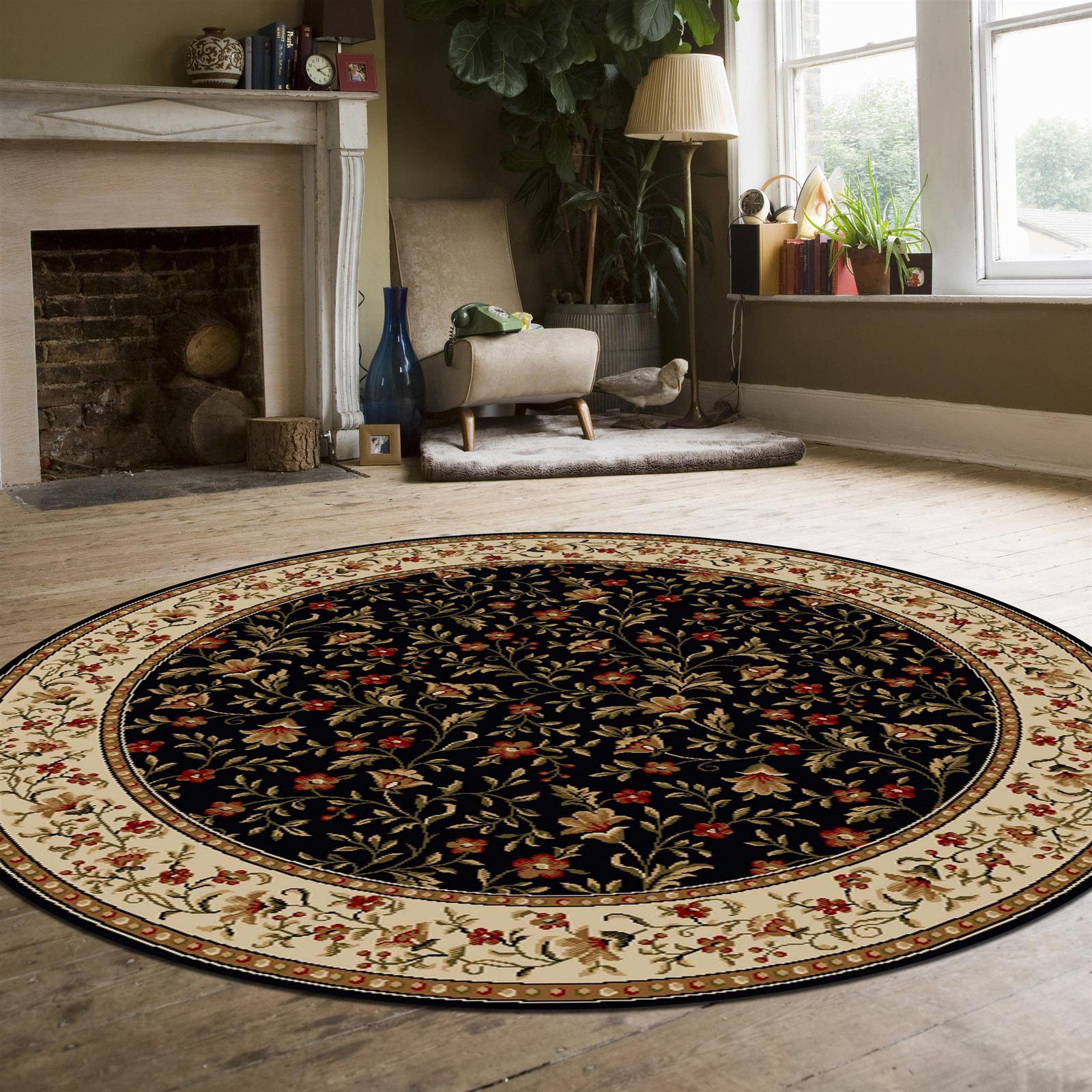 Radici USA Como Transitional Botanical Black 5’3″ Round Polypropylene Area Rug