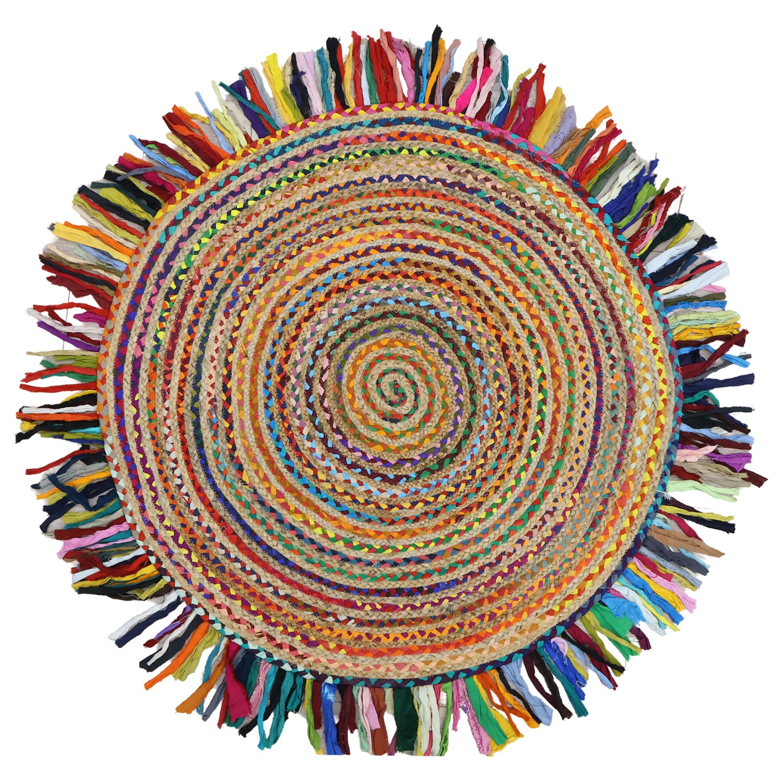 Round Rug Design Jute & Cotton Carpet Multicolor Indoor Outdoor Patio 3×3 ft