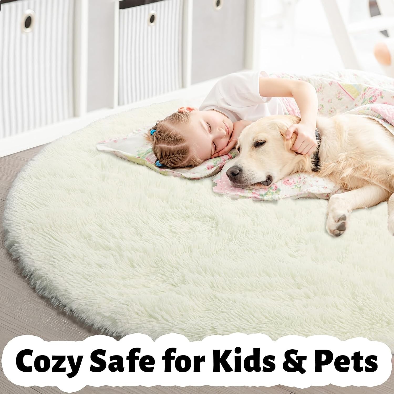 Ivory White Large Round Rug 8Ft for Kids Bedroom Aesthetic, Fluffy Fuzzy Furry