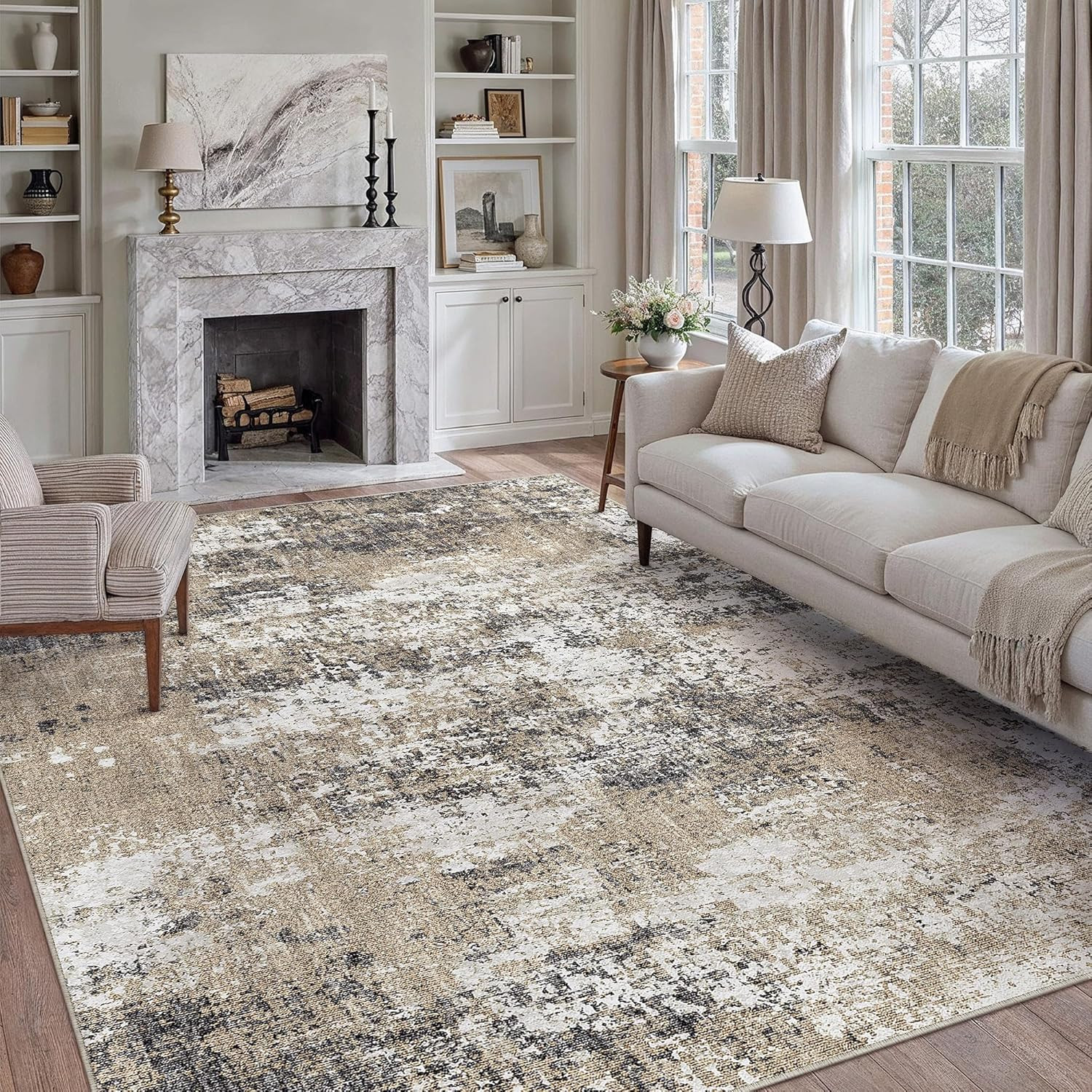 Modern 8×10 Abstract Brown Area Rug – Soft, Washable, Non-Slip for Any Room