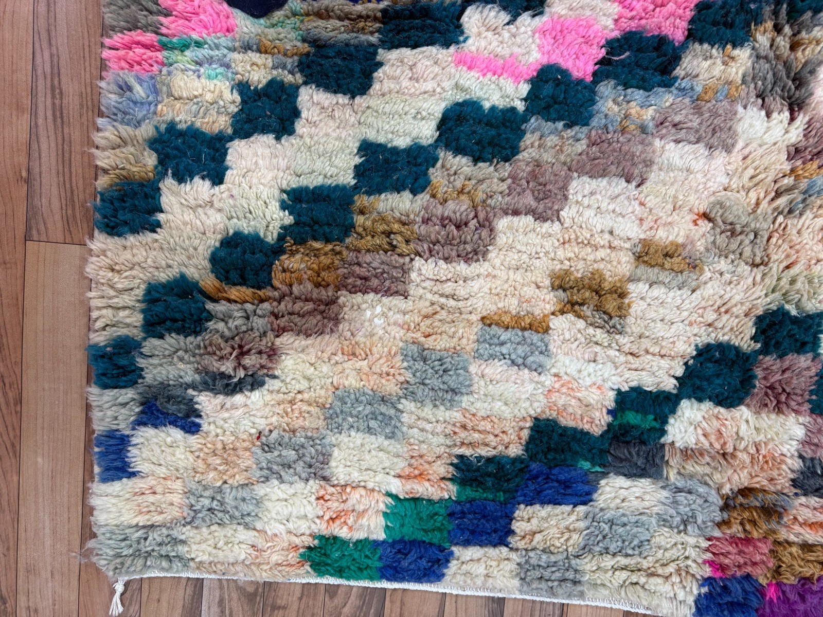 Handmade Moroccan Berber Rug 5.38×8.63 ft – Wool Checkered Green Cream Carpet