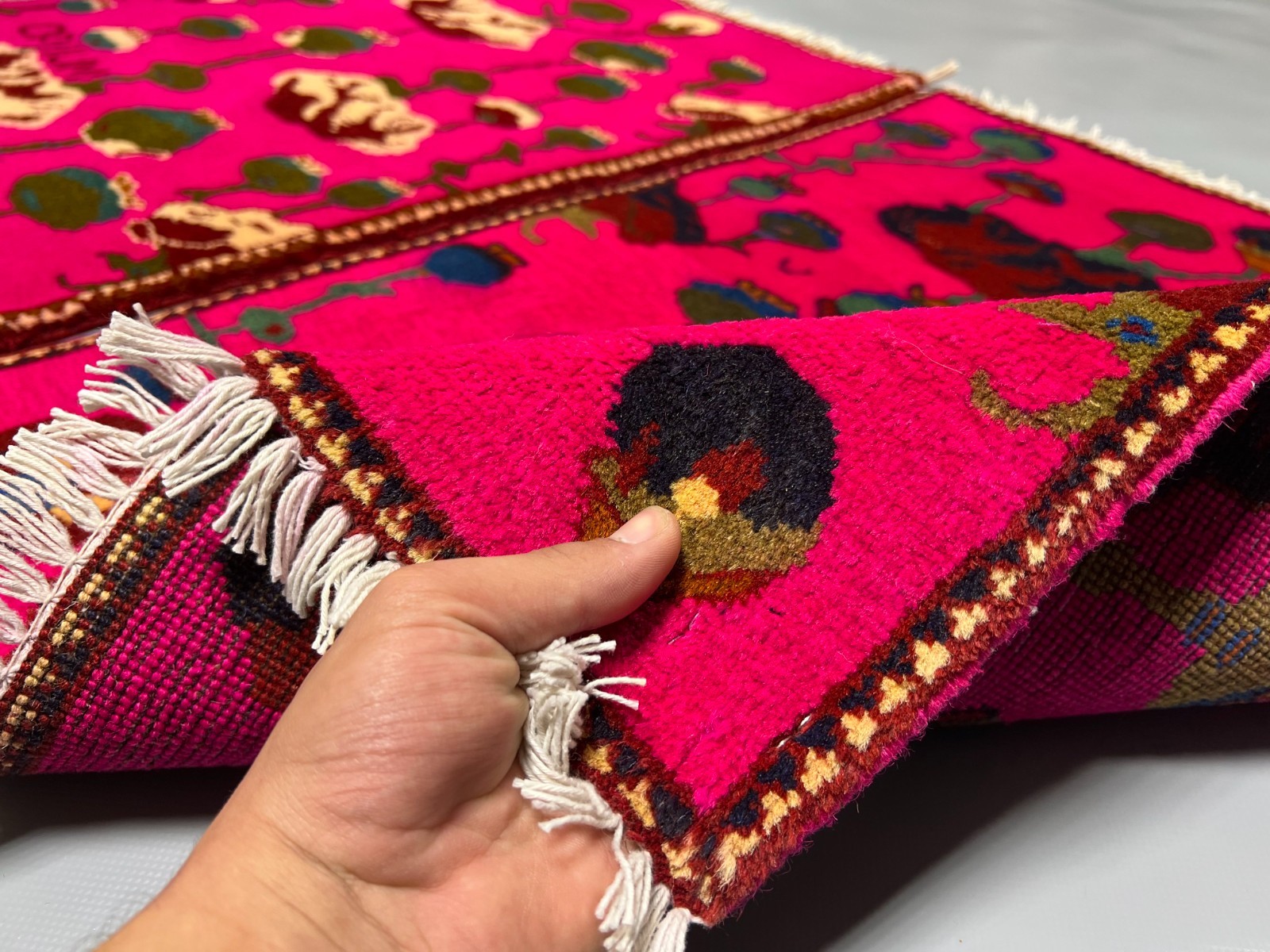 2×2 Set of 2 Afghan Poppy Rugs Handmade Wool Pink Opium Floral Tribal Carpets