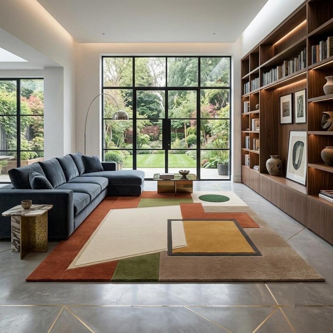 Hand Tufted Wool Rug, Geometric Abstract, Terracotta Ivory Sage Mustard Carpet