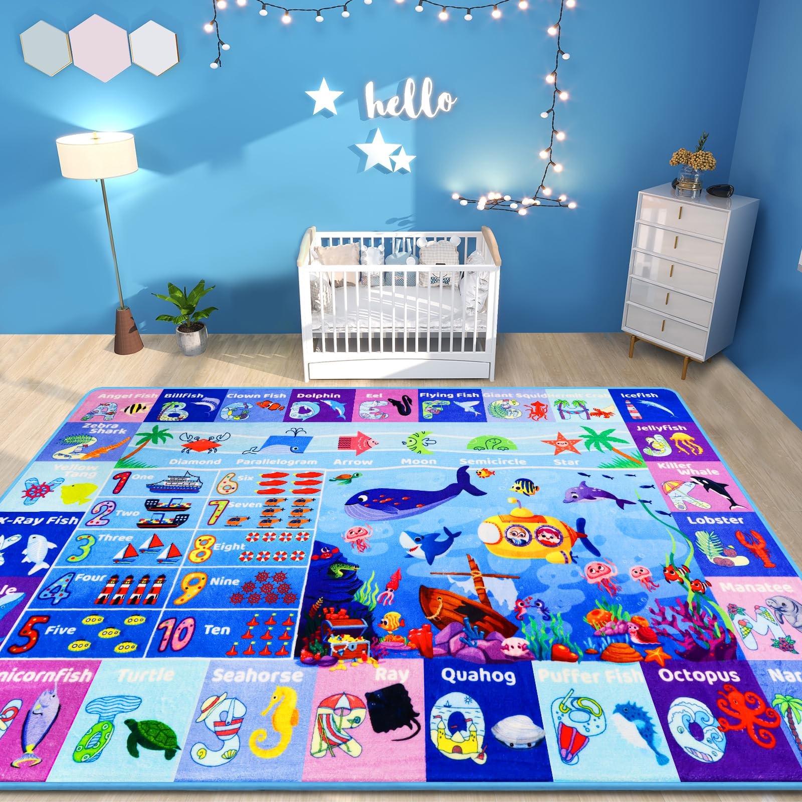 Kids Learning Rug 5′ X 3’3″ with ABC Alphabet, Sea Animals, Numbers