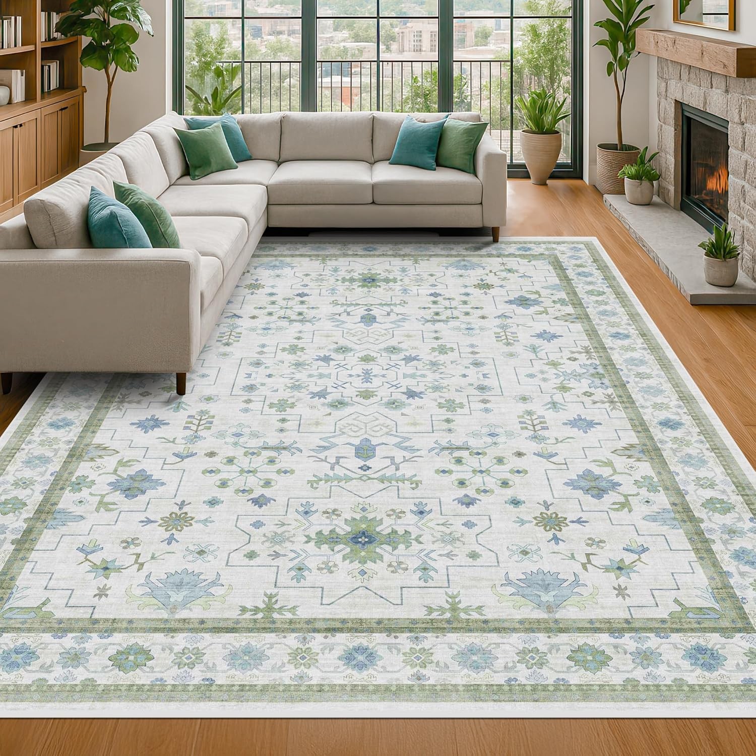 Blue and Green Living Room Rug 8×10 – Cream Oushak Vintage Boho Floral Farmhouse