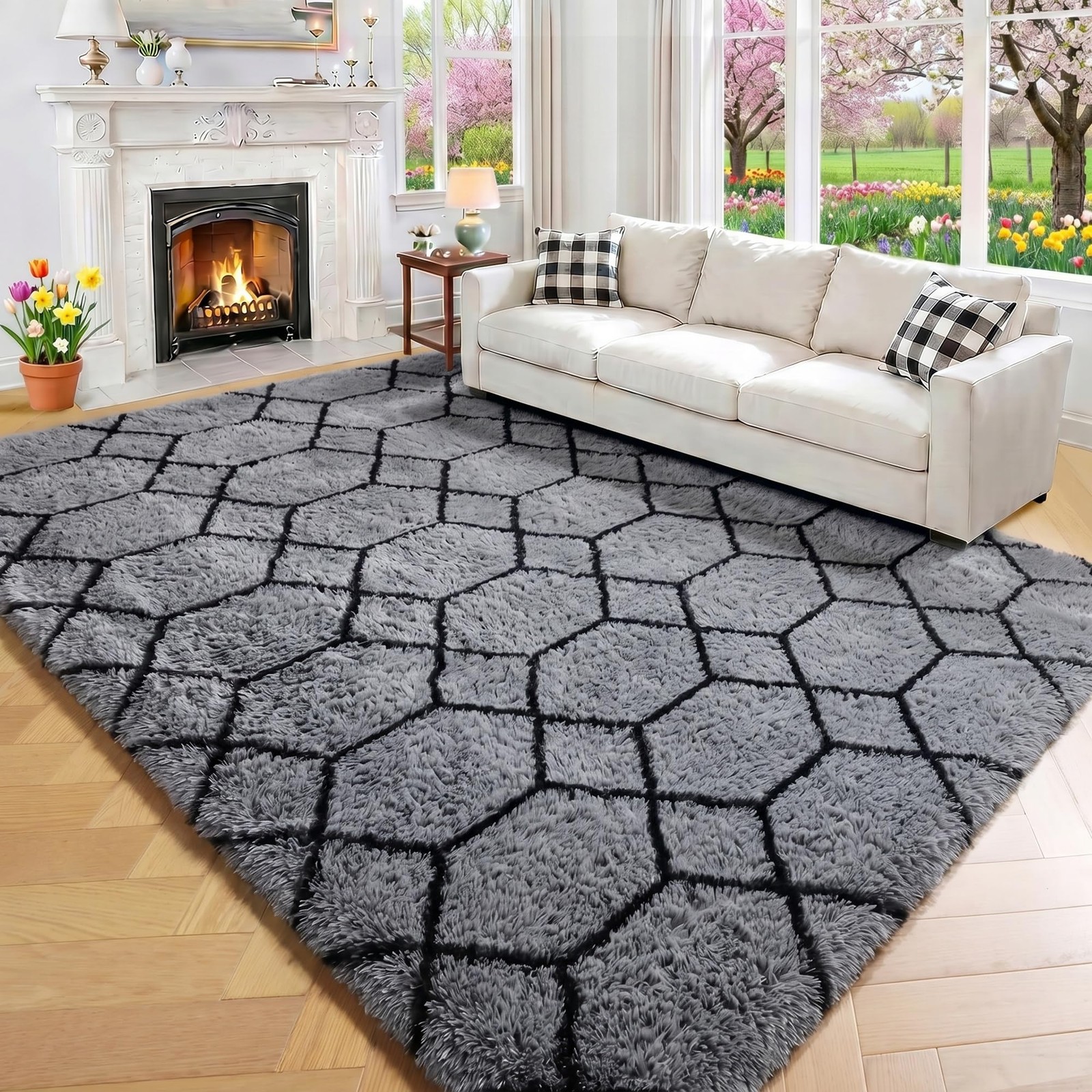 Area Rugs for Bedroom Living Room, 4×6 Fluffy Grey and Black Geometric Rug