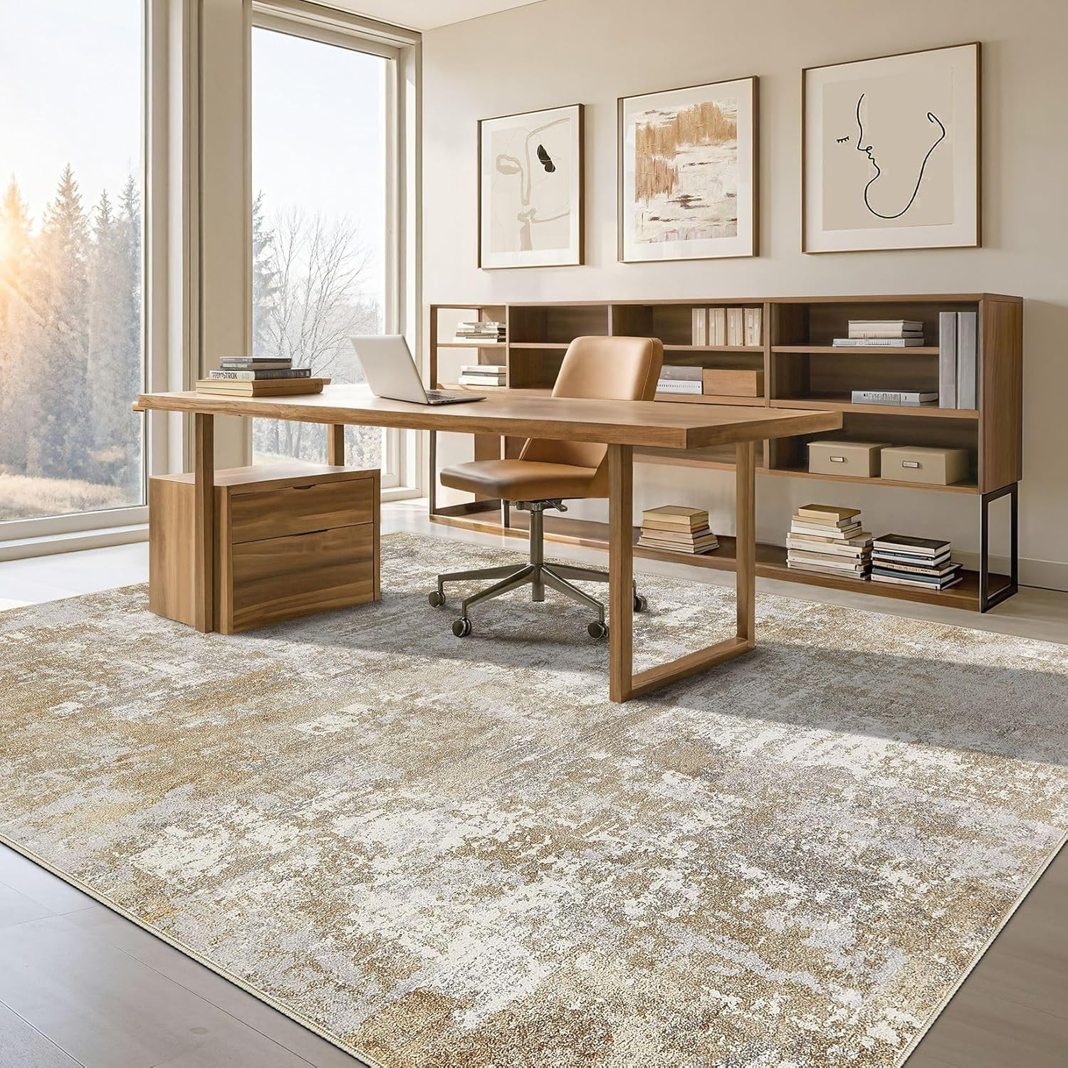 Washable 9X12 Area Rug for Living Room: Modern Abstract Neutral Large Soft Thin