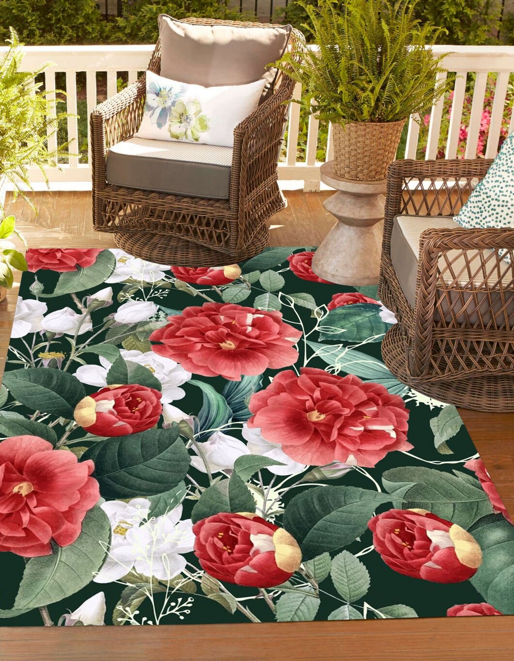 Modern Red and White Flowers Area Rug Machine Washable Waterproof Floral Rug