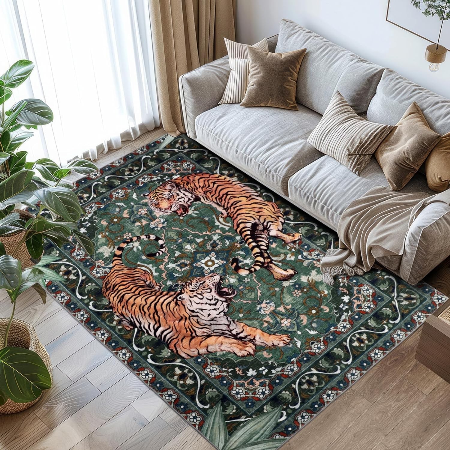 Tiger Print Washable Rug for Living Room, Boho Green Bedroom Area Ru