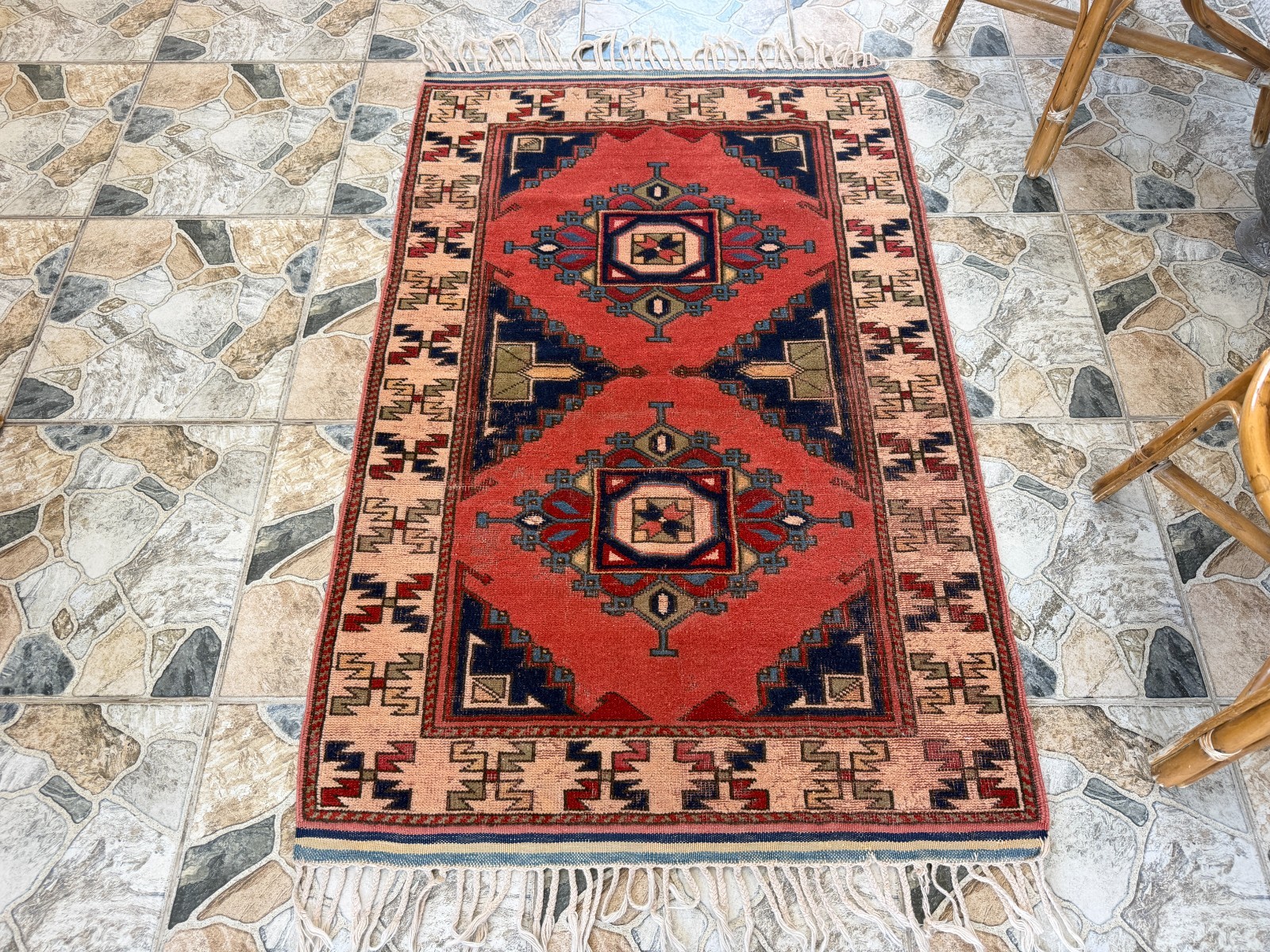 Vintage Tribal Turkish Rug Hand-Knotted Wool Farmhouse Geometric Area Rug 3×4 ft