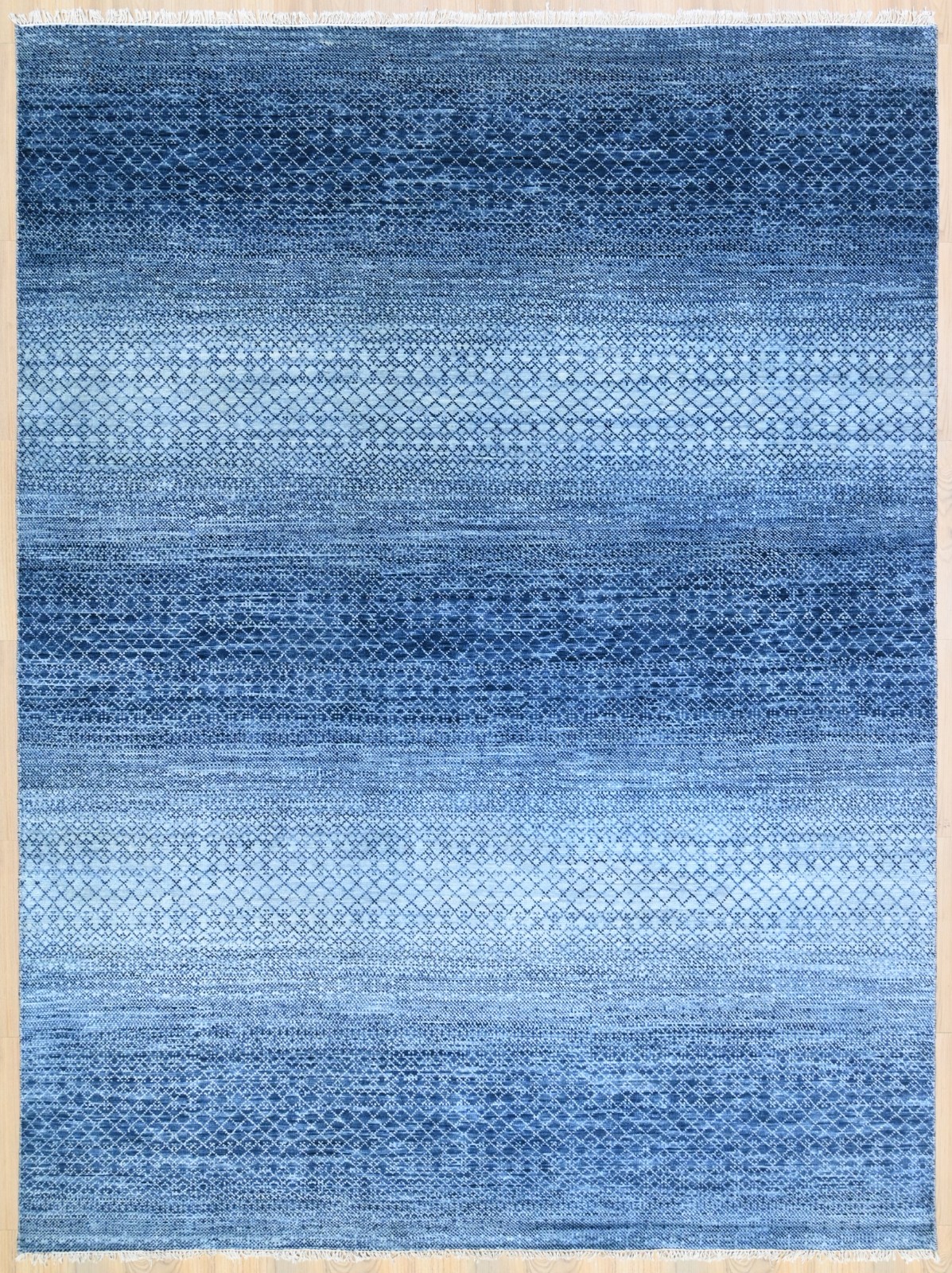 Modern Hand-Knotted 9×12 Rug, Blue/White Geometric Carpet
