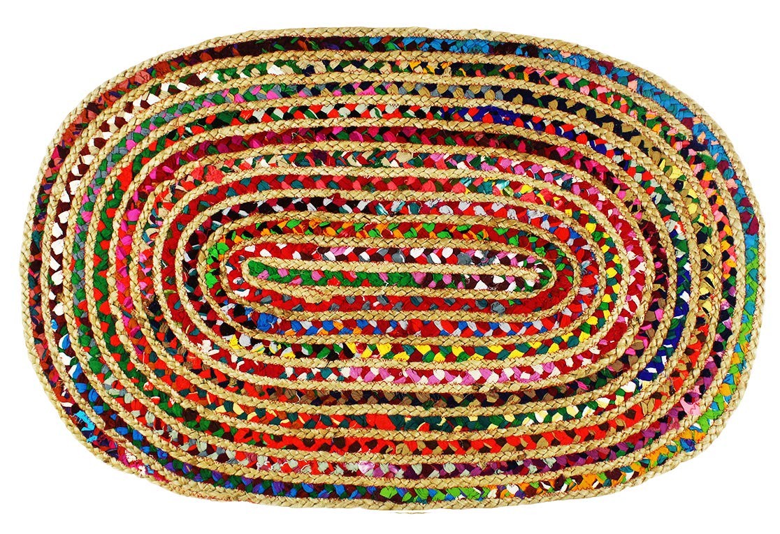 3×5 Ft Oval Jute Chindi Braid Rag Rug Multi Color Handwoven Reversible Area Mat