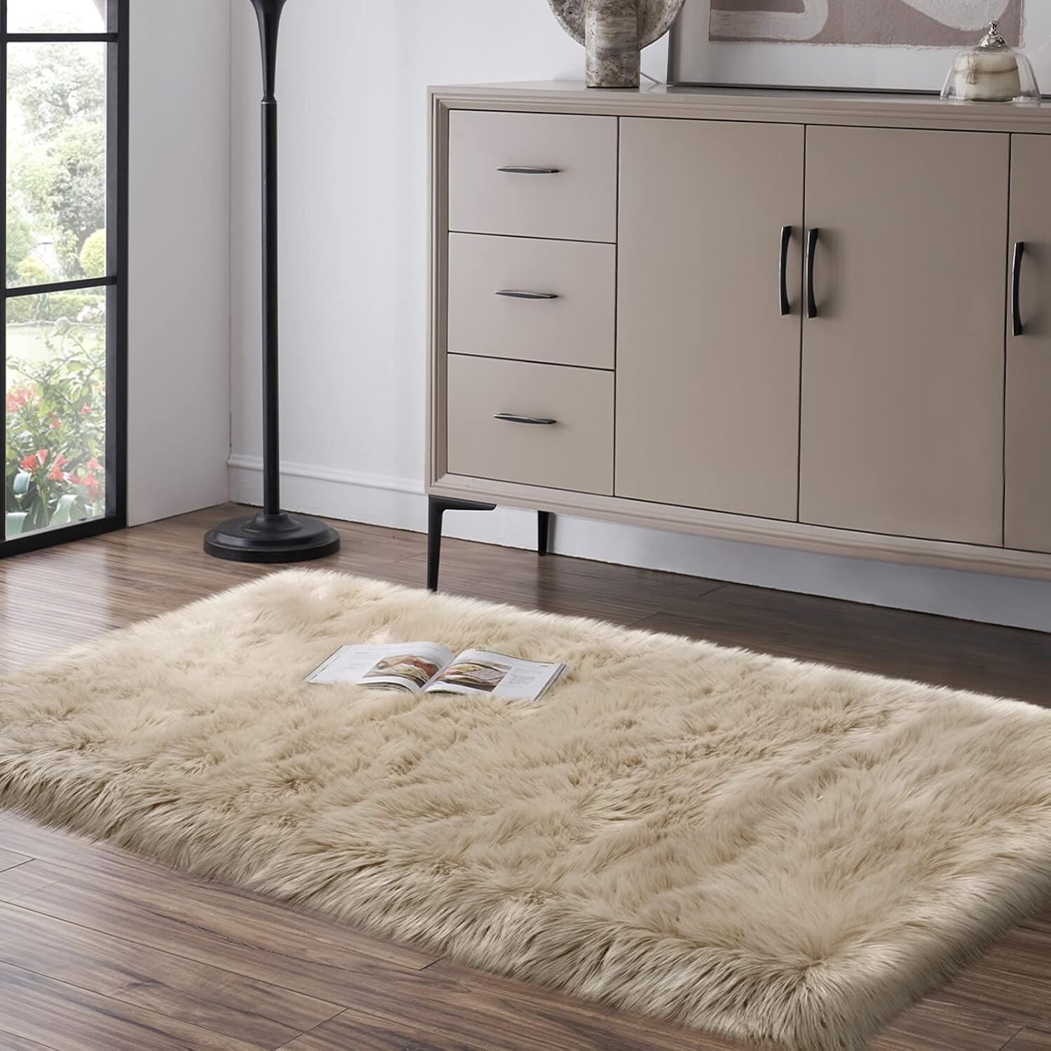 2X4 Ft Soft Faux Fur Area Rug Beige Fluffy Rug Plush Chair Cover for Room Decor