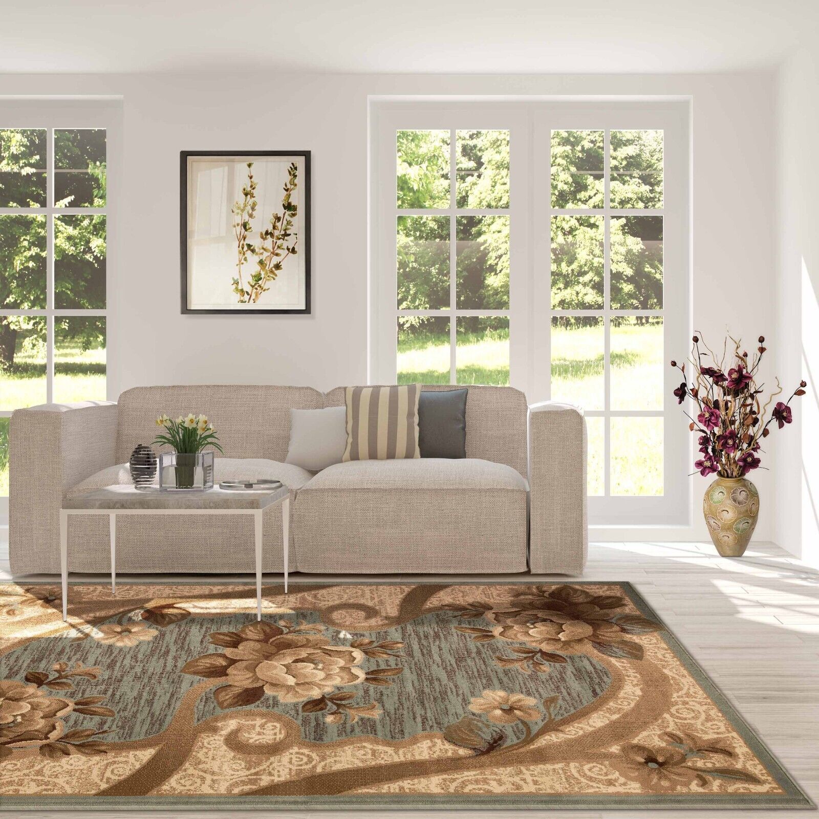 Traditional Oversized Floral Border Power-Loomed Repels Moisture Indoor Area Rug