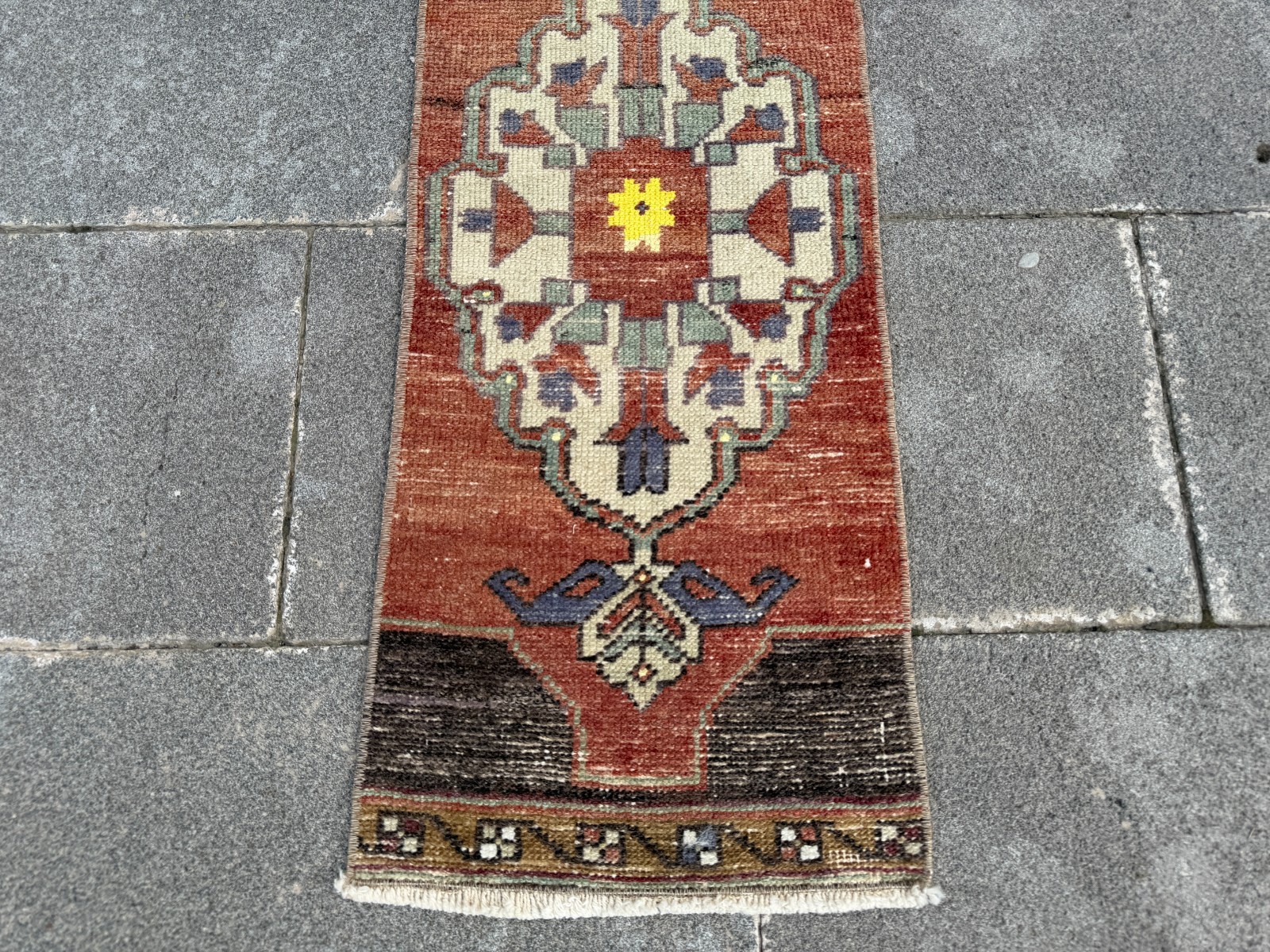 Small Vintage Turkish Rug 1.1×3.3 ft Terracotta Yellow Long Kitchen Entry Mat