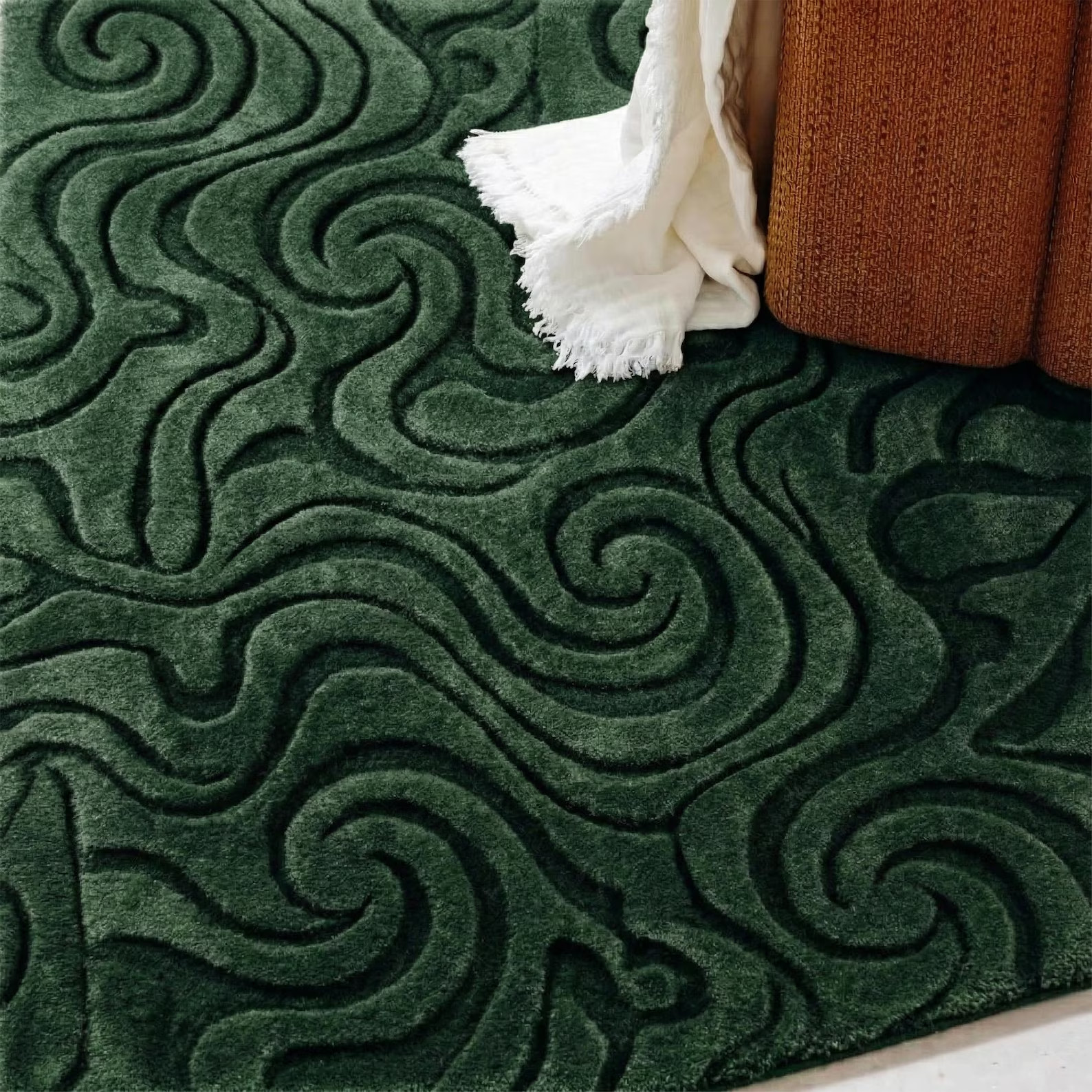 Deep Forest Green Wavy Wool Rug, Abstract 3d Hand Tufted Rugs for Living Room