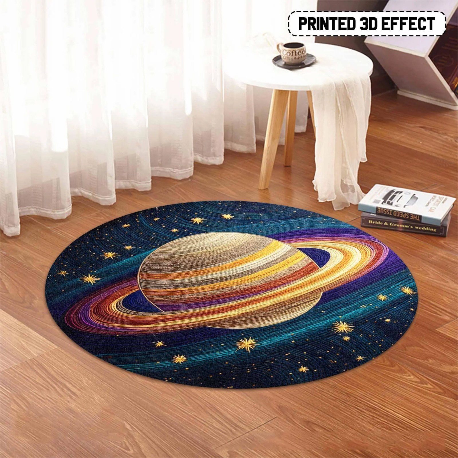 Saturn Planet Round Rug Galaxy Space Cosmic Star 3D Effect Astronomy Home Decor