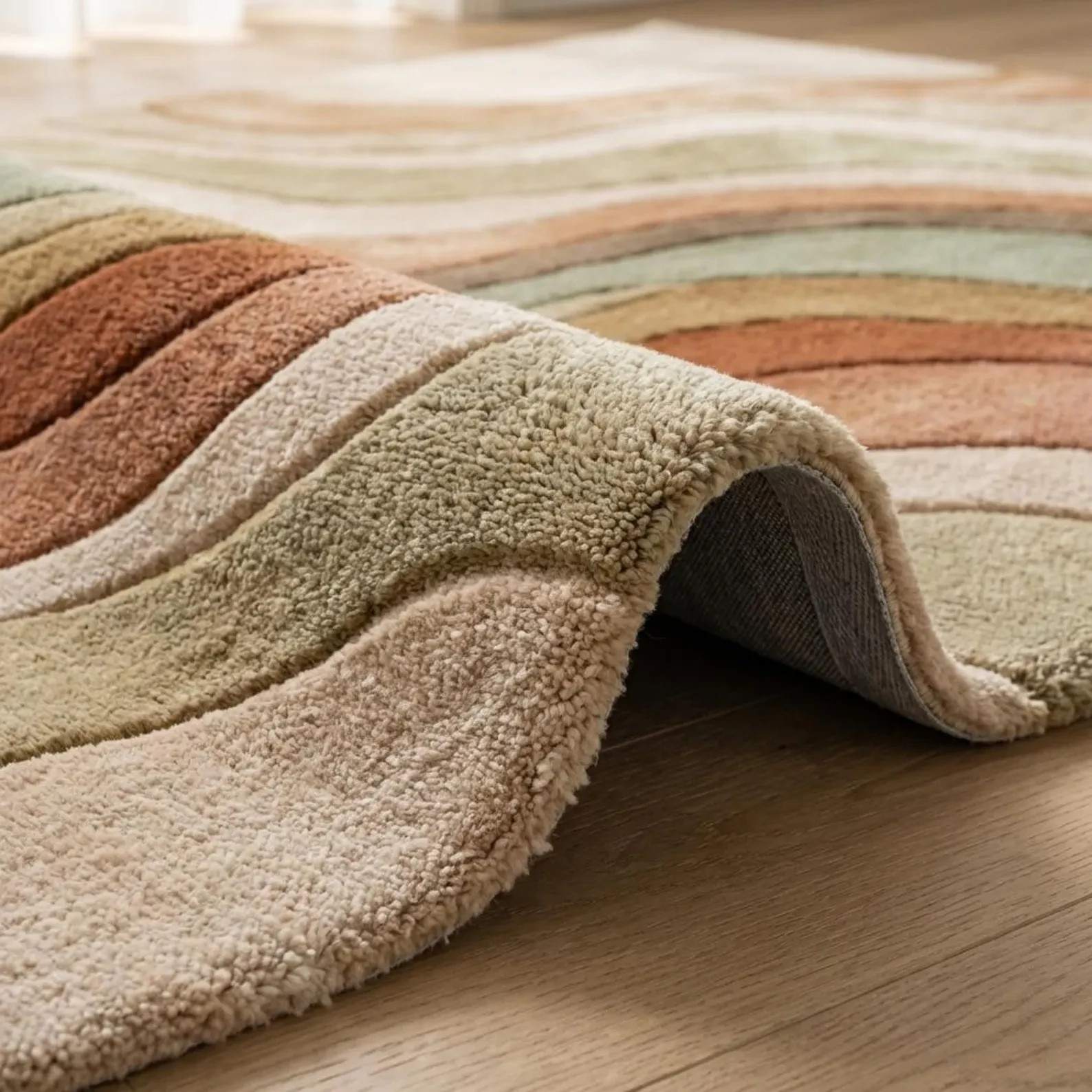 Modern Hand Tufted Rug Abstract Wave Carpet Earth Tone Wool Area Rug Living Room