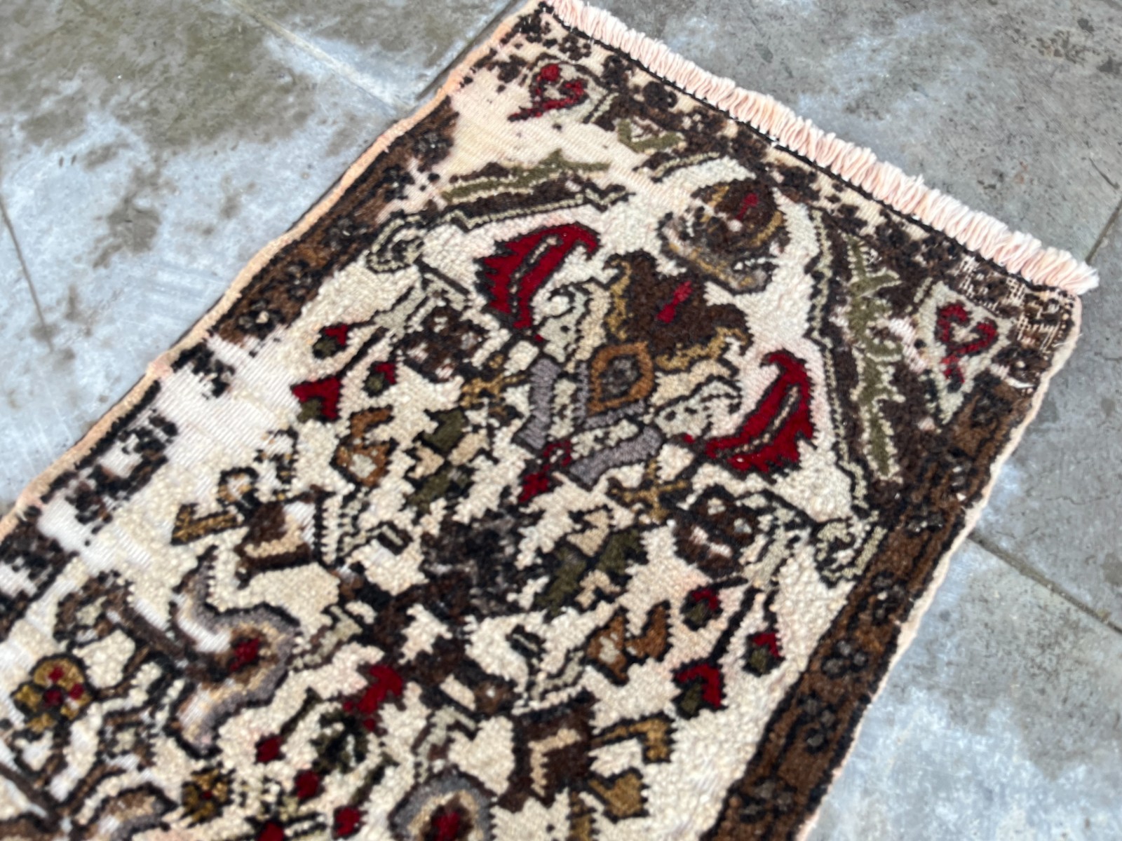 Vintage Turkish Rug 1.4×2.6 ft Hand-Knotted Floral Wool Door Mat Boho Accent Rug
