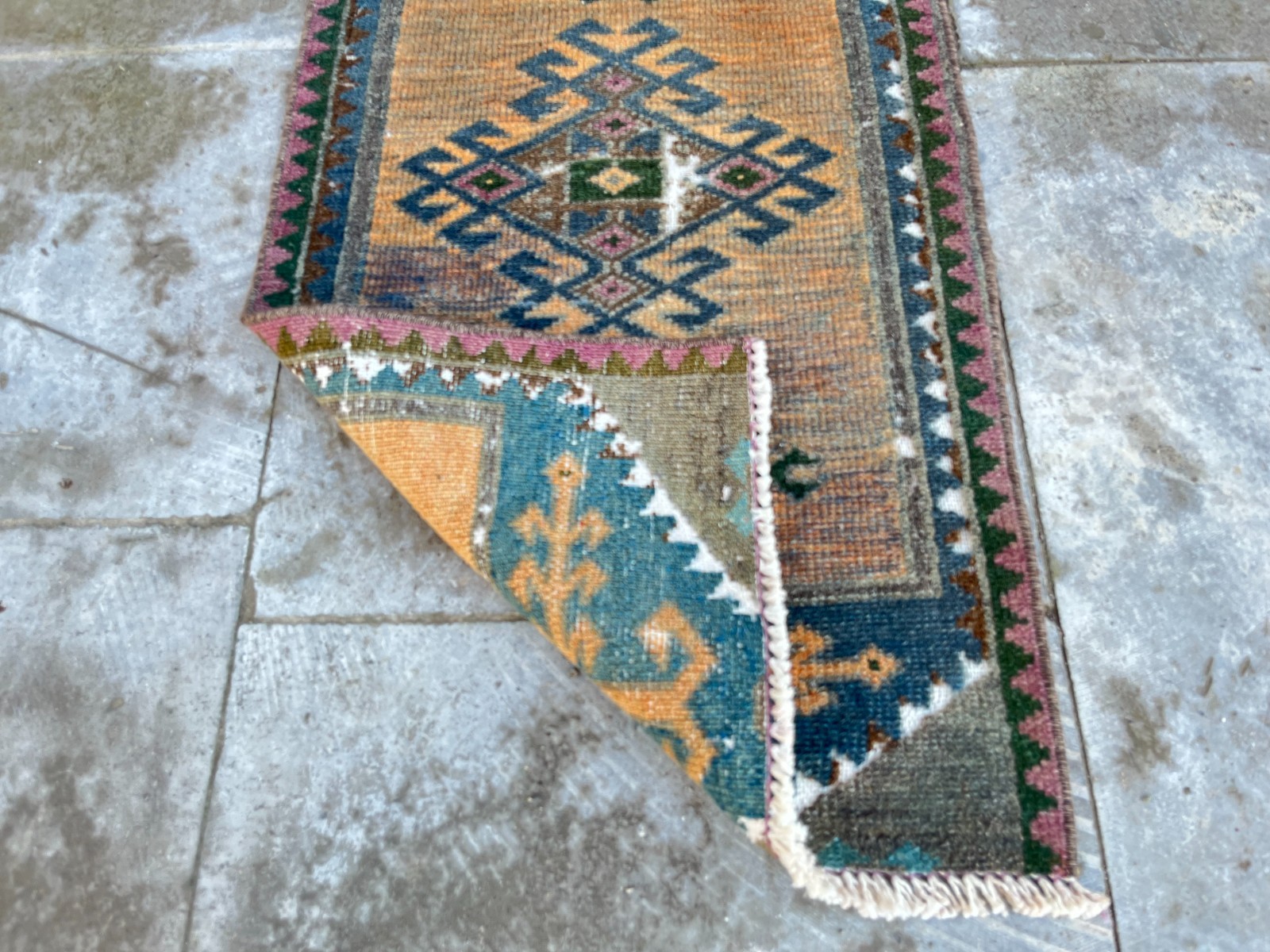 Vintage Turkish Small Rug 1.3×2.6 ft Anatolian Tribal Wool Distressed Mat