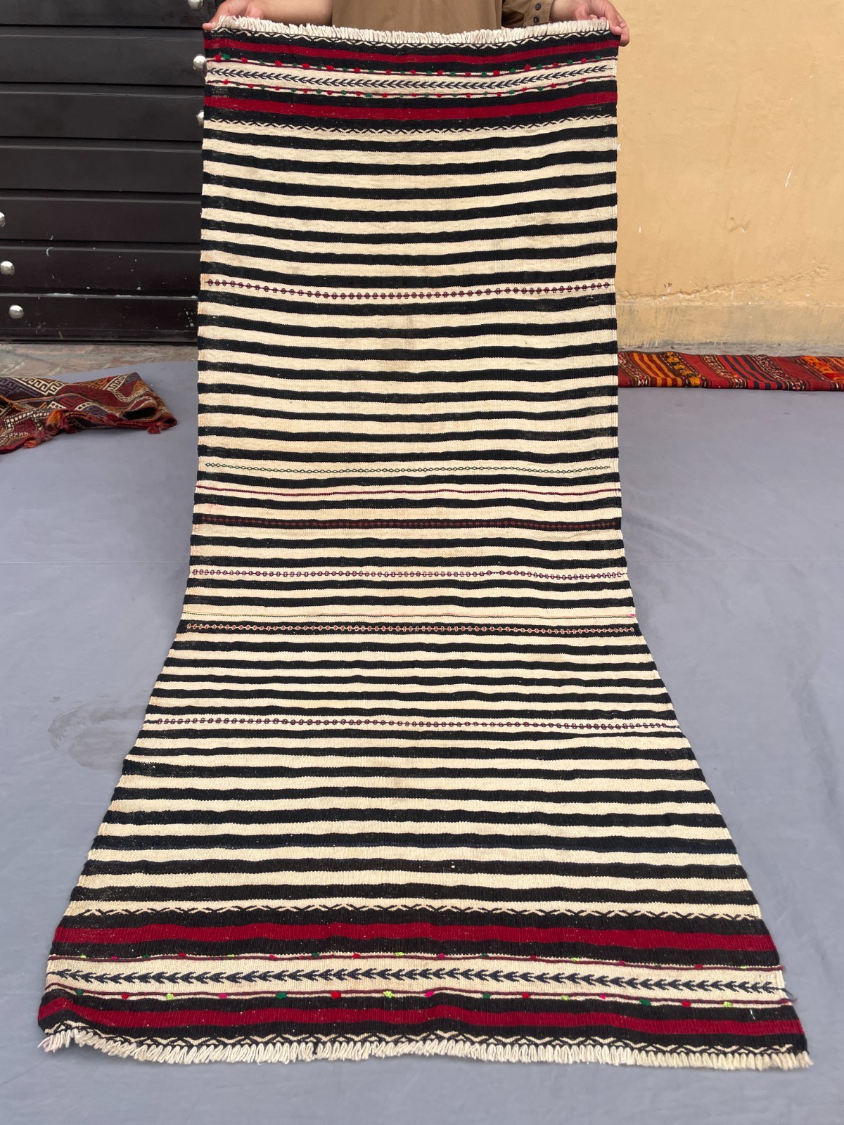 2×6 Black And Cream Striped Kilim Rug Handwoven Afghan Flatweave Textile Tribal